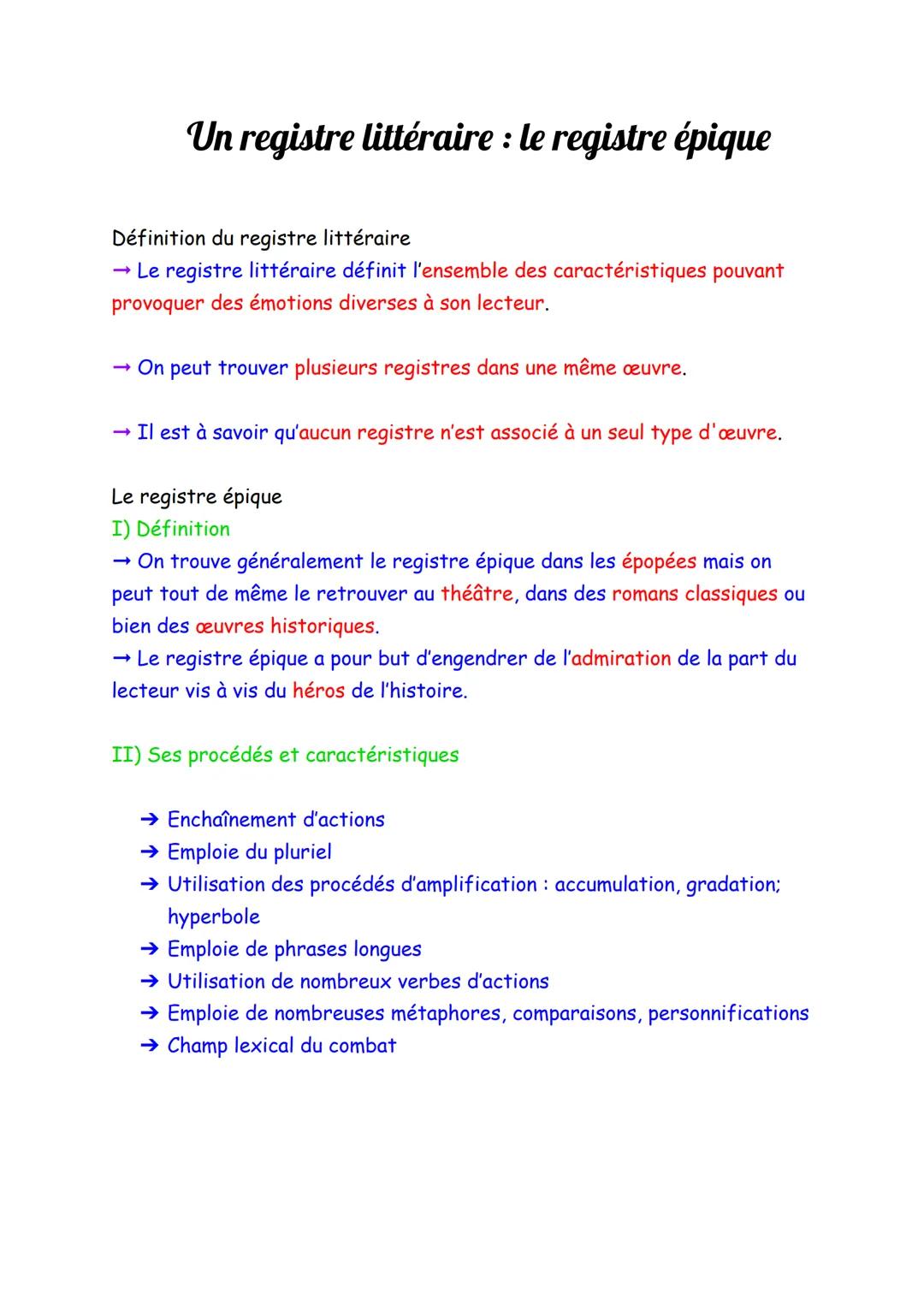Un registre littéraire : le registre épique
Définition du registre littéraire
→ Le registre littéraire définit l'ensemble des caractéristiqu