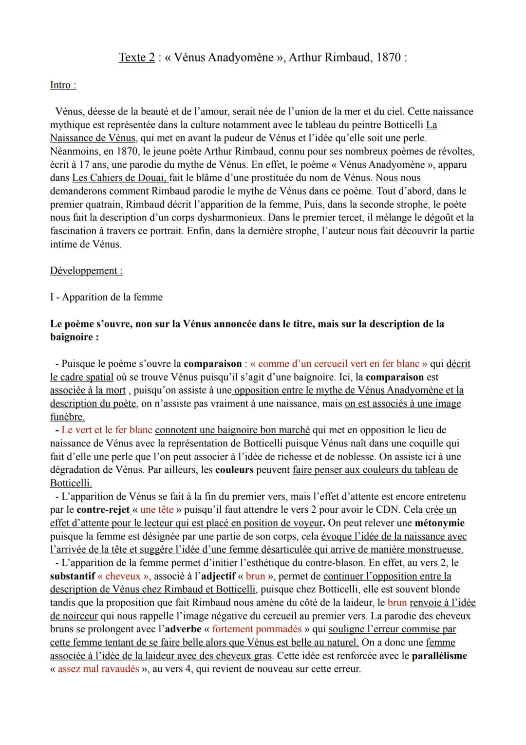 Intro:
Texte 2: << Vénus Anadyomène », Arthur Rimbaud, 1870 :
Vénus, déesse de la beauté et de l'amour, serait née de l'union de la mer et d