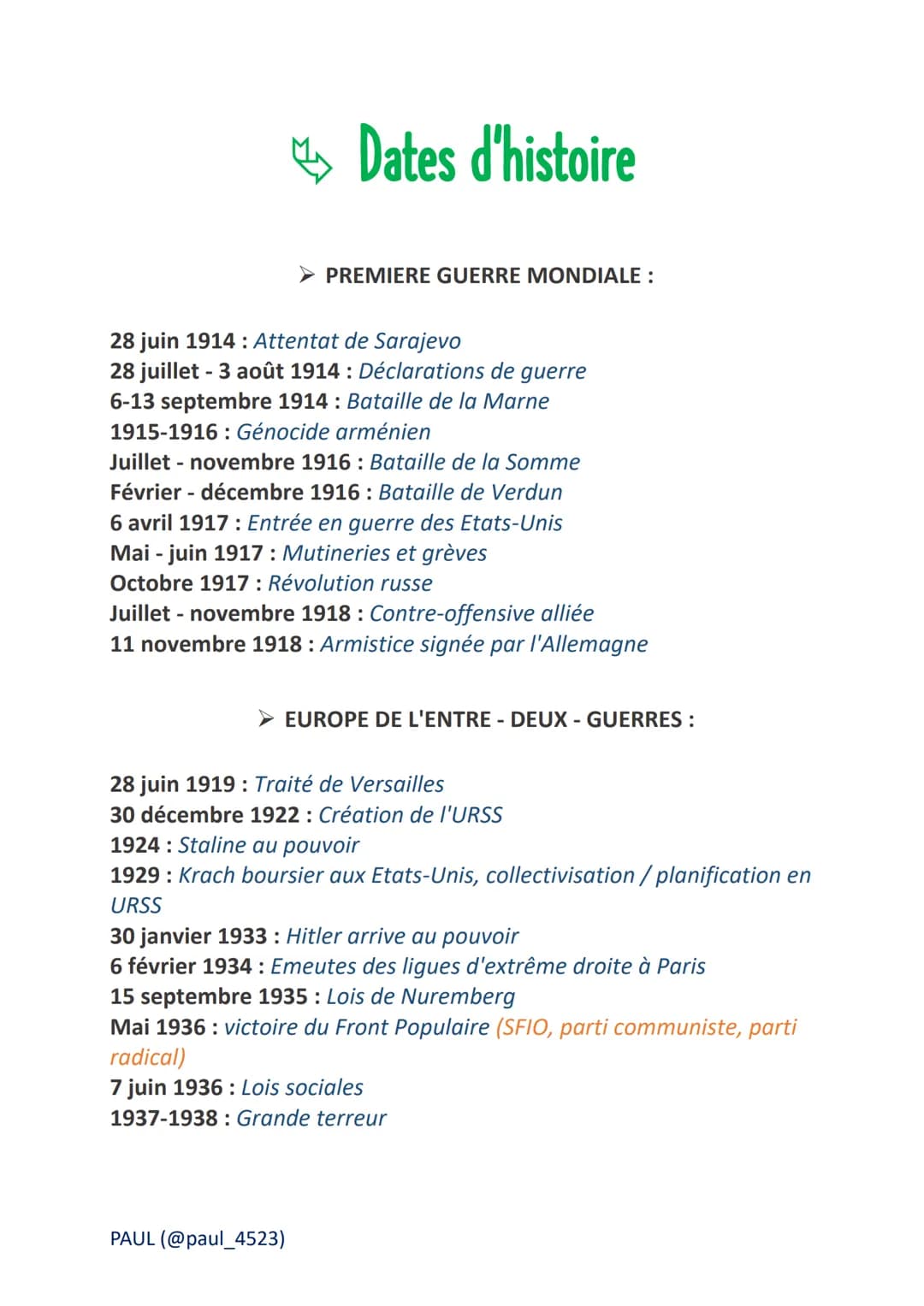 Dates d'histoire
➤ PREMIERE GUERRE MONDIALE :
28 juin 1914: Attentat de Sarajevo
28 juillet - 3 août 1914: Déclarations de guerre
6-13 septe