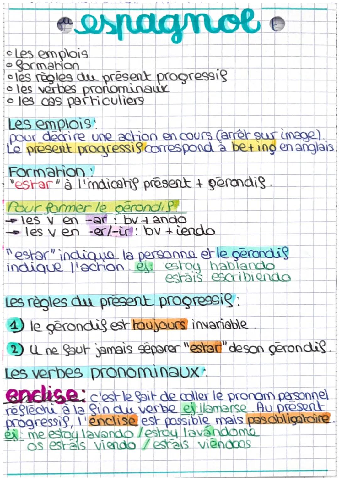 • espagnol •
Les emplois
Sormation
les règles du présent progressig
o les verbes pronominaux
to les cas particuliers
Les emplois
pour decrir