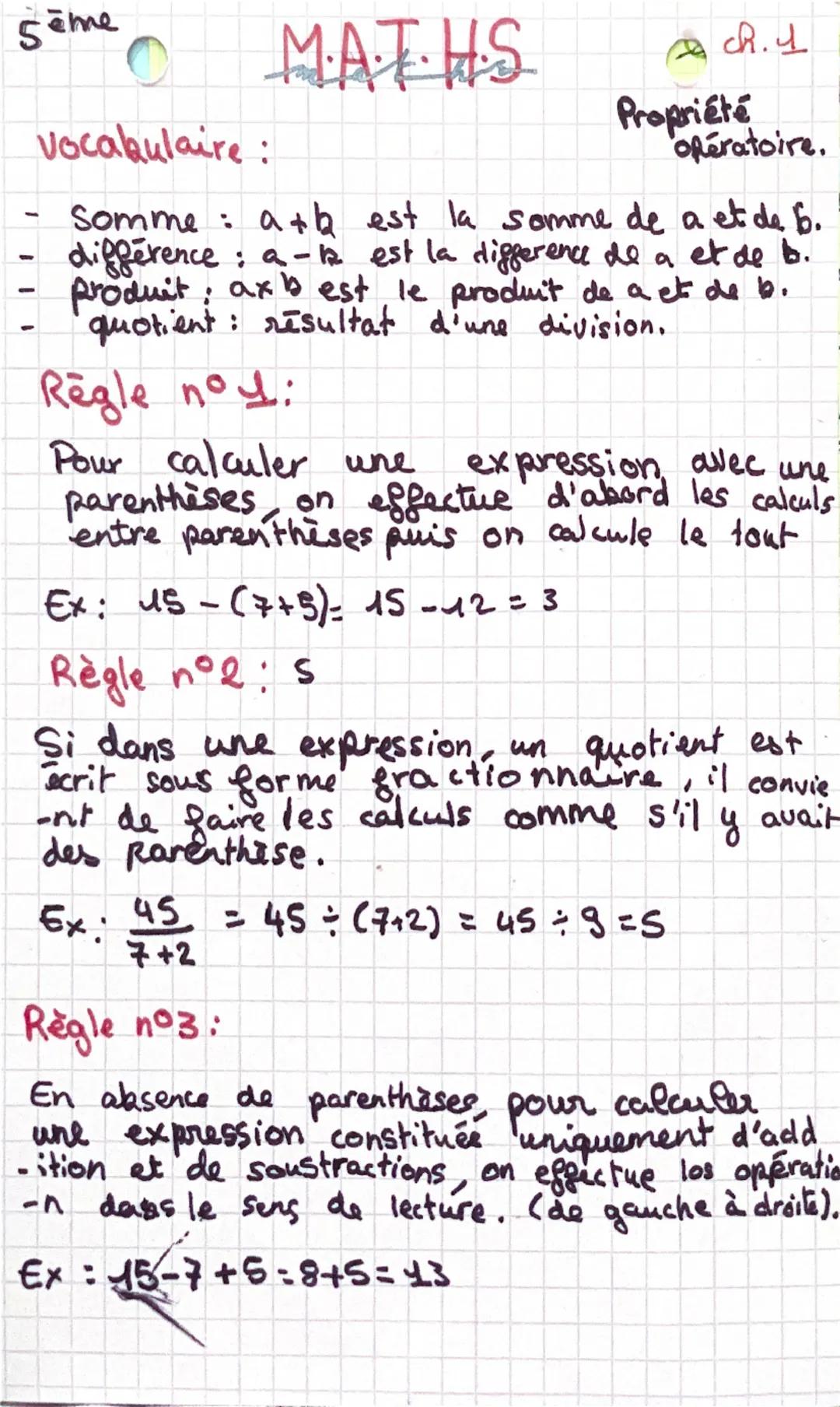 5ème
0
vocabulaire :
M·A·THS
ch.4
Propriété
opératoire.
-
Somme: a+b est la somme de a et de 6.
difference: a - est la difference de a et de