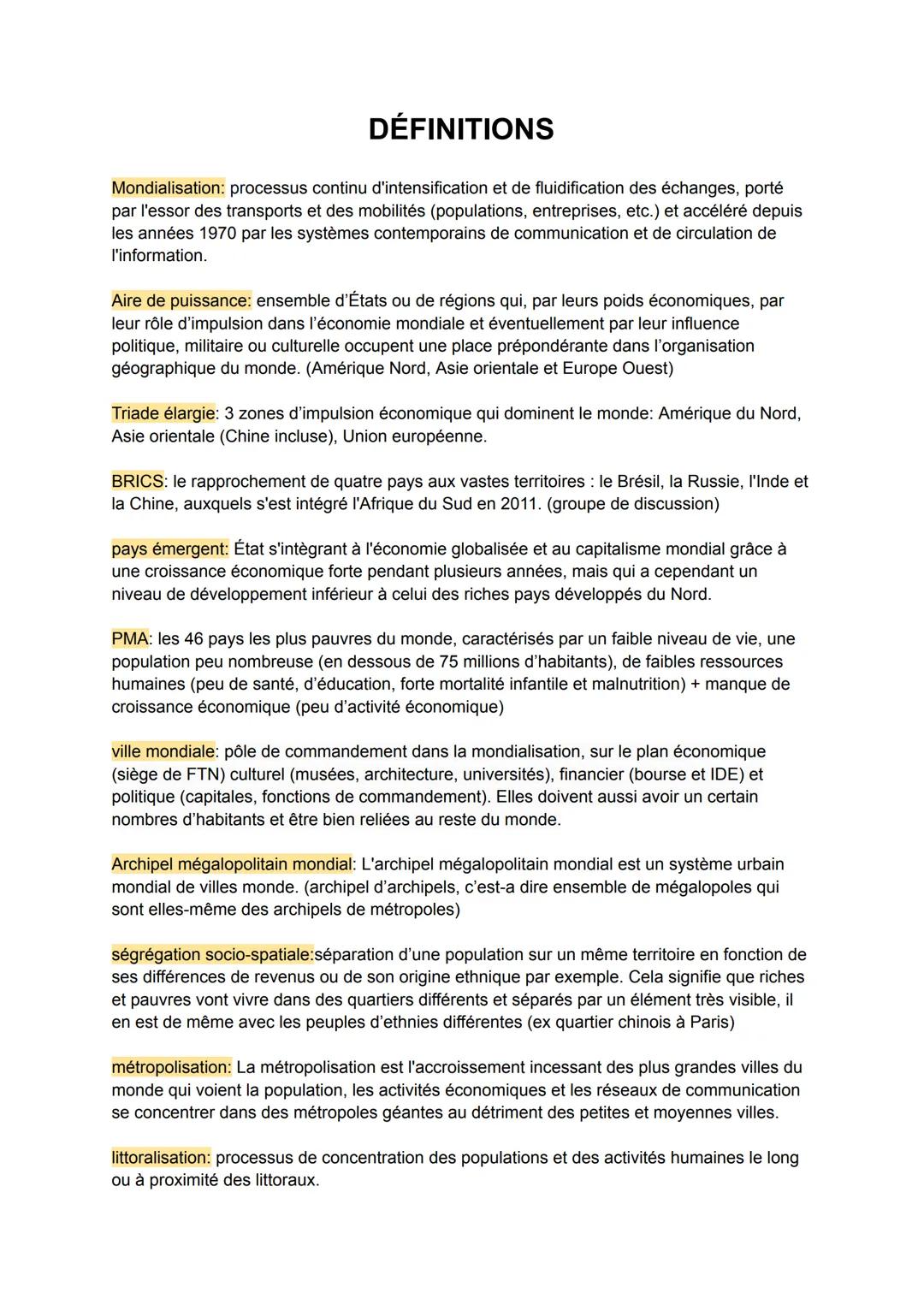 Définitions des chapitres sur mondialisation et coopérations/tensions/régulations aux échelles nationales et régionales.
