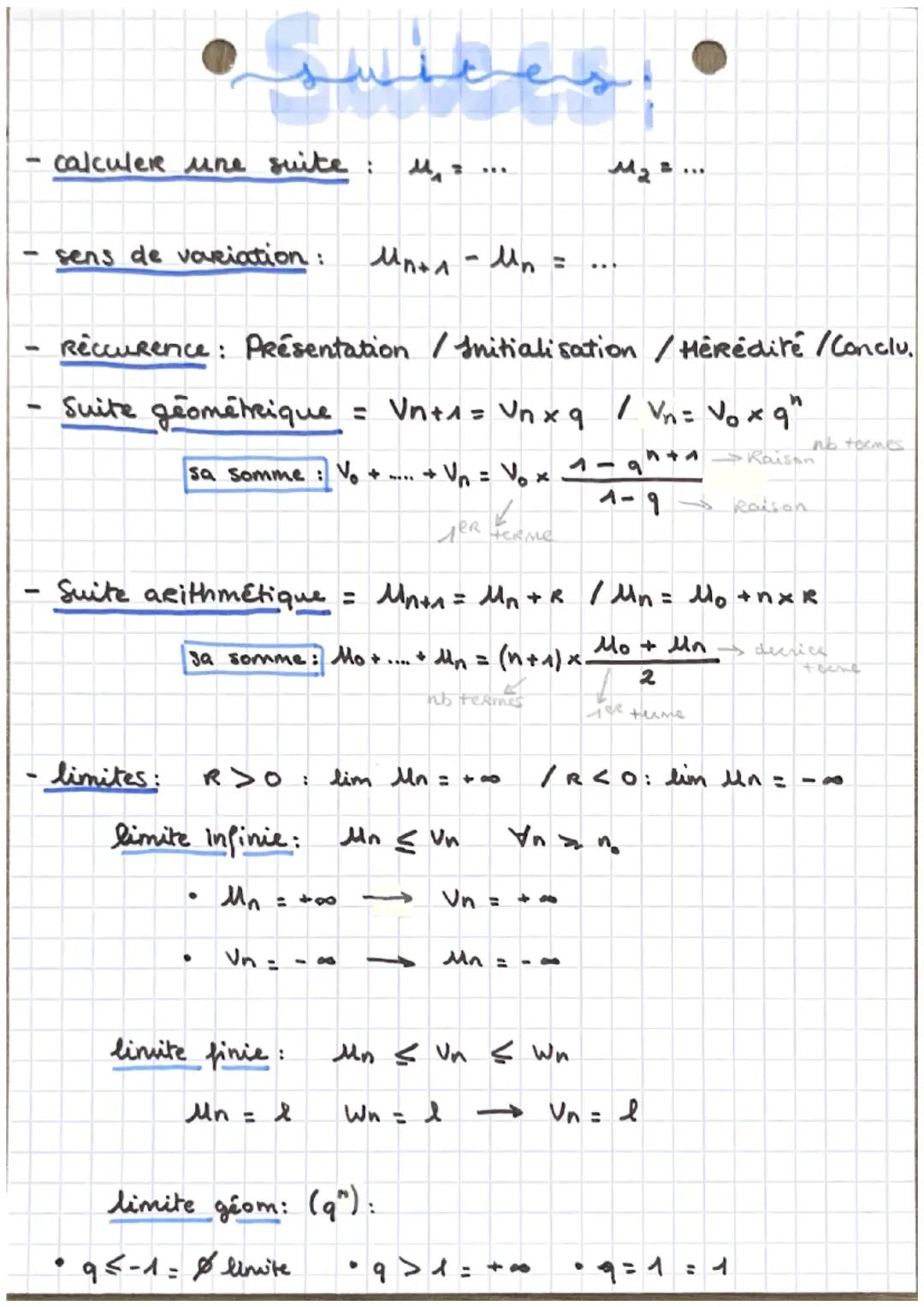 -
منسم
calculer une suite: M₁ =
M₂ = ...
sens de variation:
Mn+1 - un =
Réccurence: Présentation / Initialisation / Hérédité/Conclu.
Suite g
