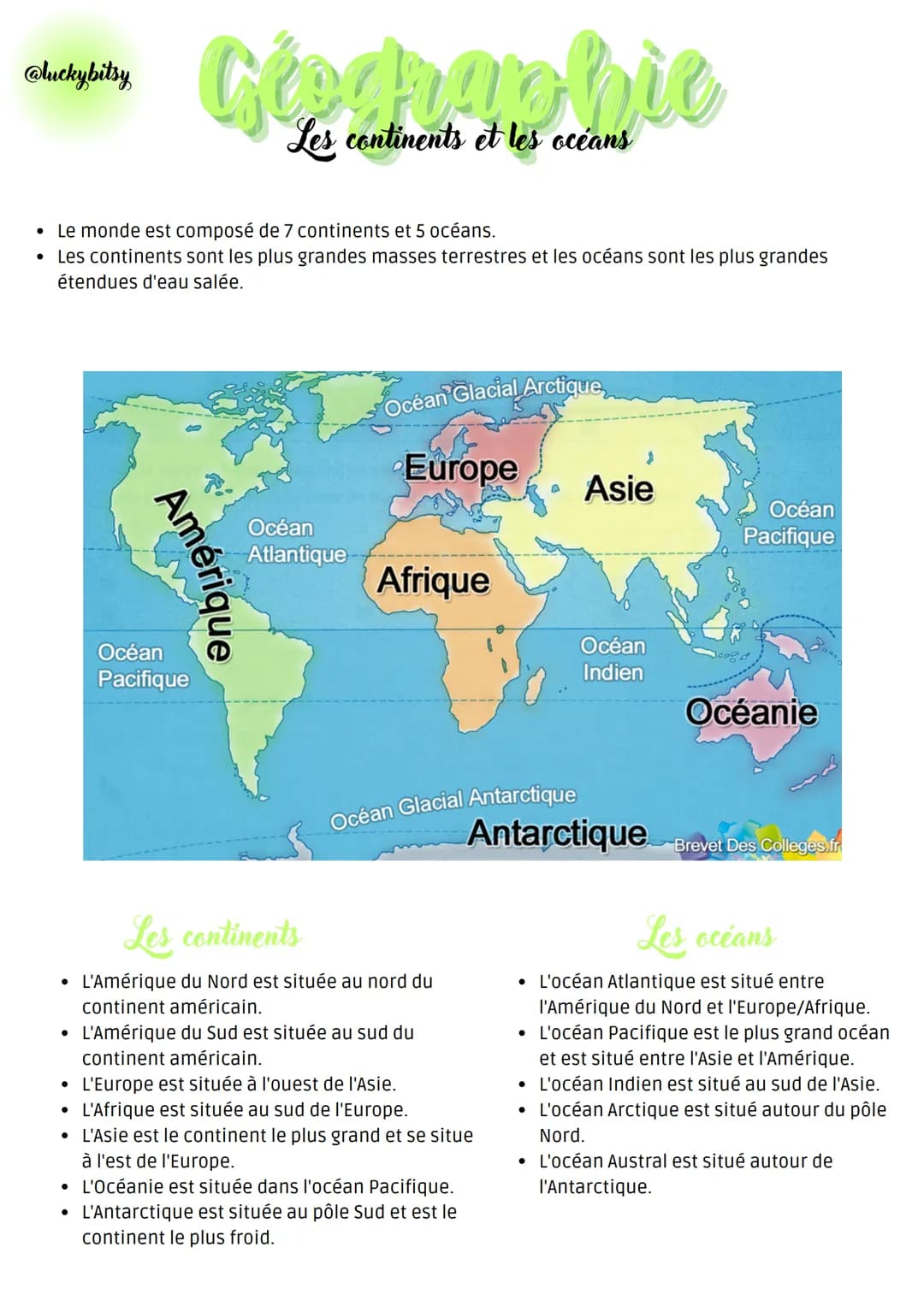 @luckybitsy
●
●
Le monde est composé de 7 continents et 5 océans.
Les continents sont les plus grandes masses terrestres et les océans sont 
