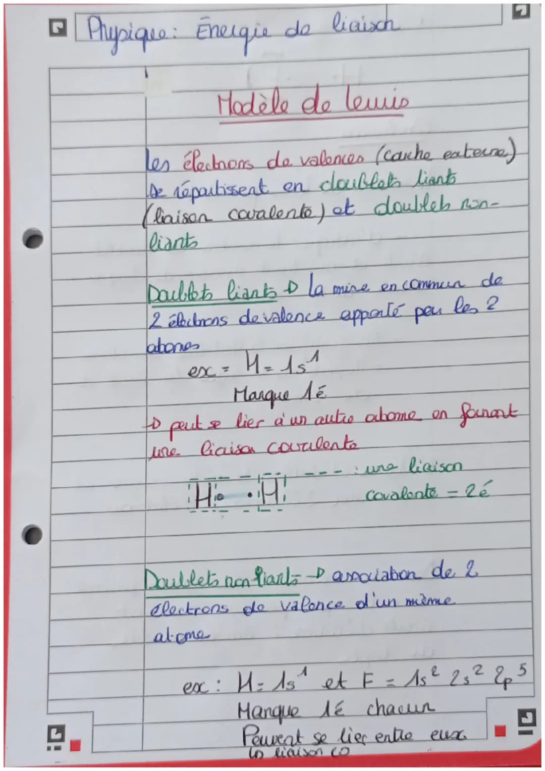 □ Physique: Energie de liaisch
Modèle de Lewis
les électrons de valences (couche externe)
De répartissent en doublet's liants
(liaison coval