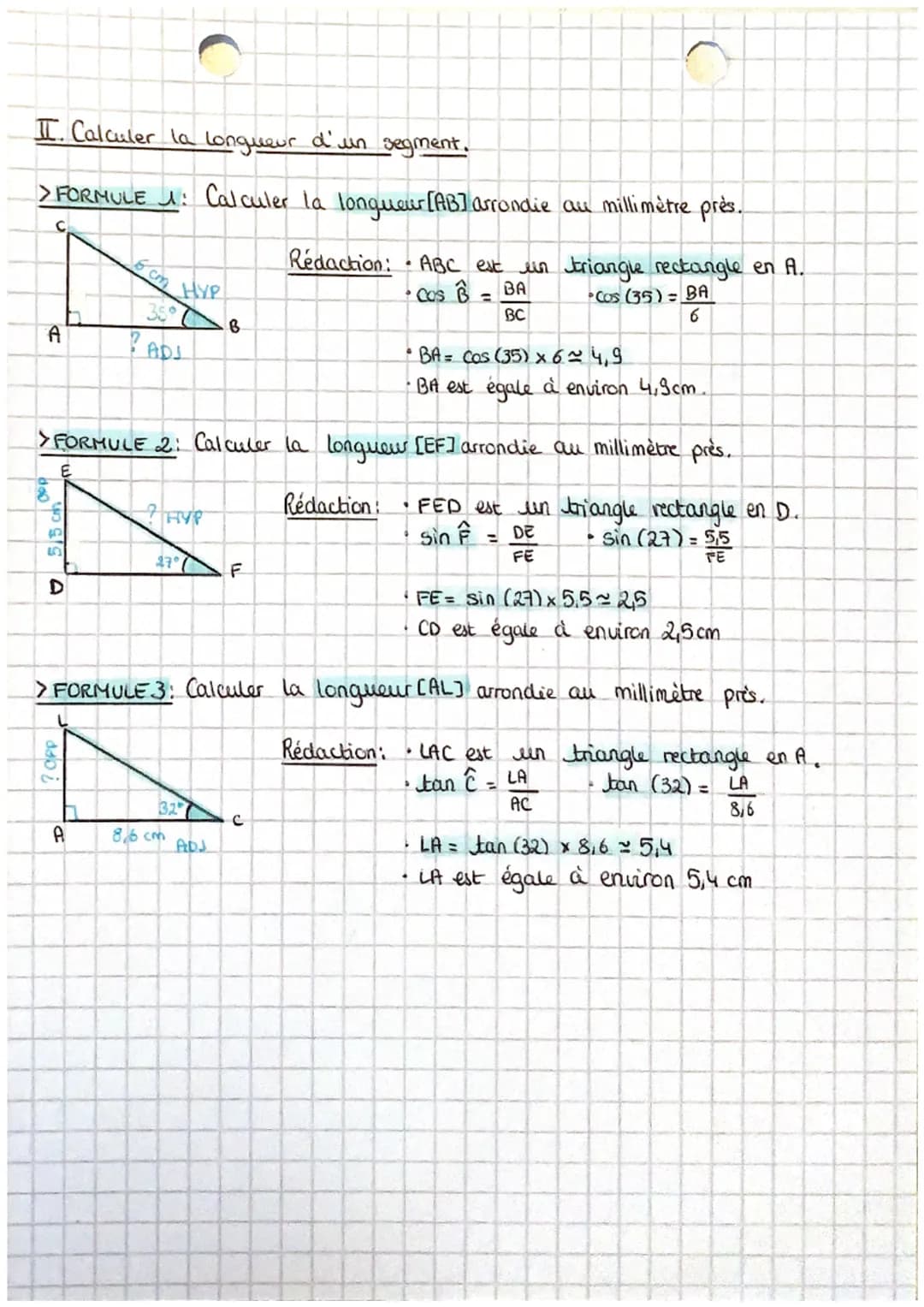 >>TRIGONOMETRIE
I. Les 3 formules.
-Dans un triangle rectangle:
COSINUS ADJACENT
HYPOTÉNUSE
N
N
OPP
II. Calculer la mesure d'un angie,
> FOR
