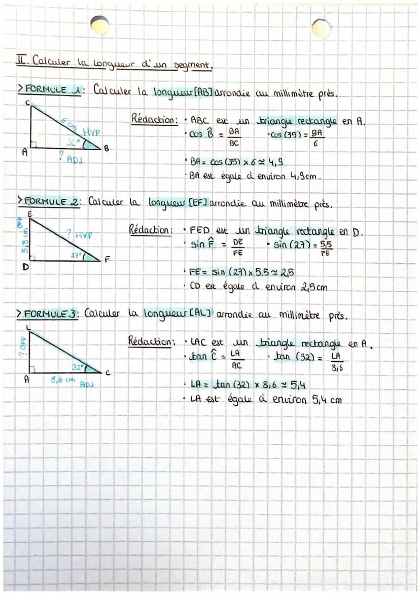 >>TRIGONOMETRIE
I. Les 3 formules.
-Dans un triangle rectangle:
COSINUS ADJACENT
HYPOTÉNUSE
N
N
OPP
II. Calculer la mesure d'un angie,
> FOR
