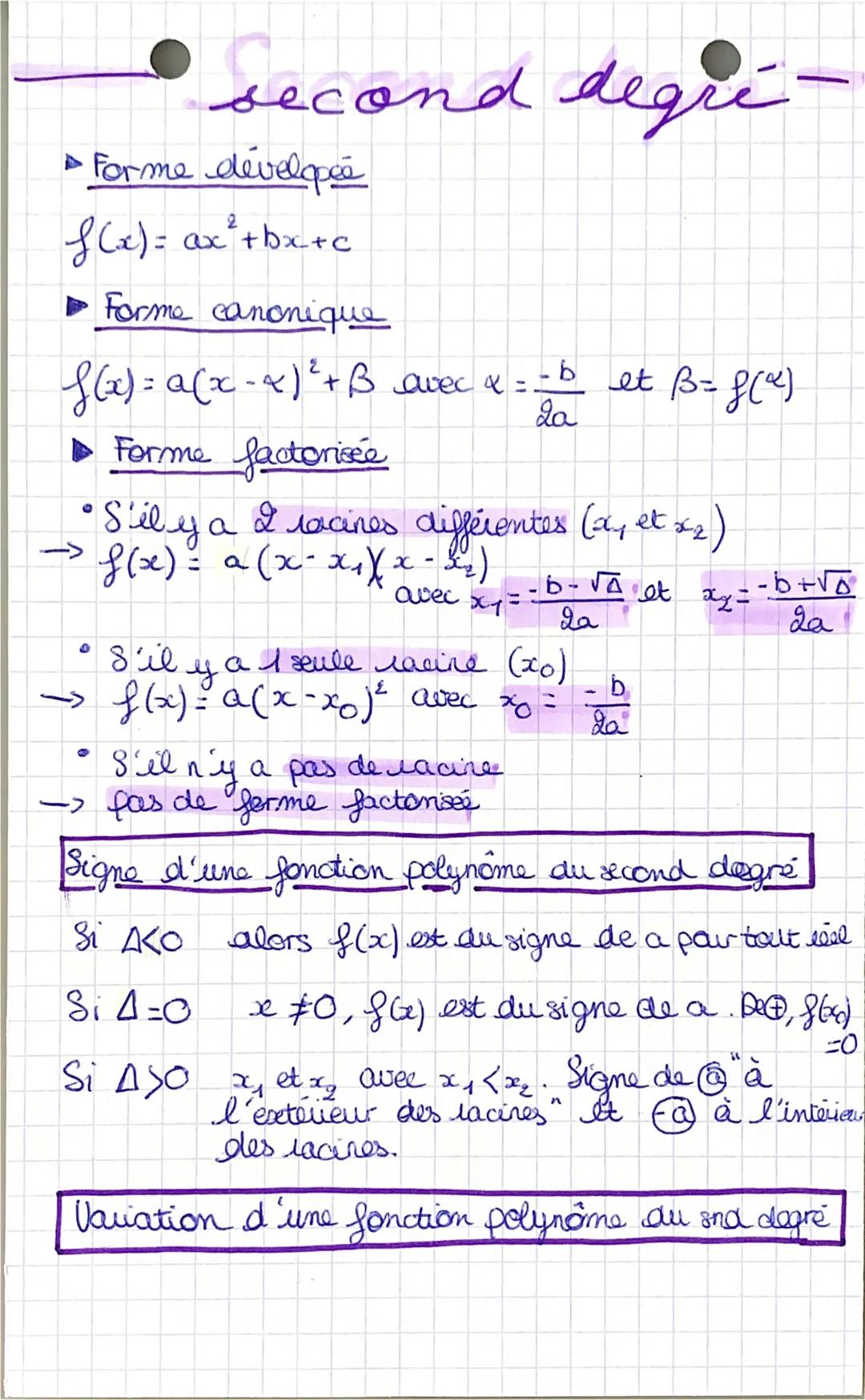 # Second degré-

► Forme developée

f(x)= ax²+bx+c

► Forme canonique

f(x)=a(x-x)²+B avec x =.

►Forme factorisée

-b
x=b et B= f(x)
2a

* 
