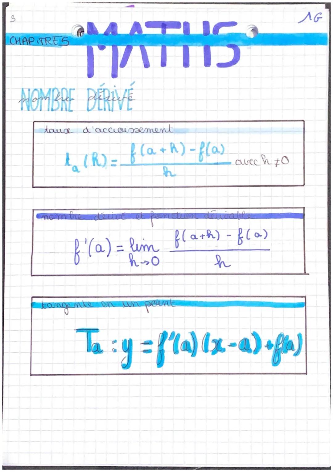 CHAPITRES
כחו
NOMBRE DÉRIVÉ
taux d'accroissement
t₂ (R) = f(a+R) -f(a)
h
avech 10
nombre dérivé et parition déniable
f '(a) = lim fla+h) - f