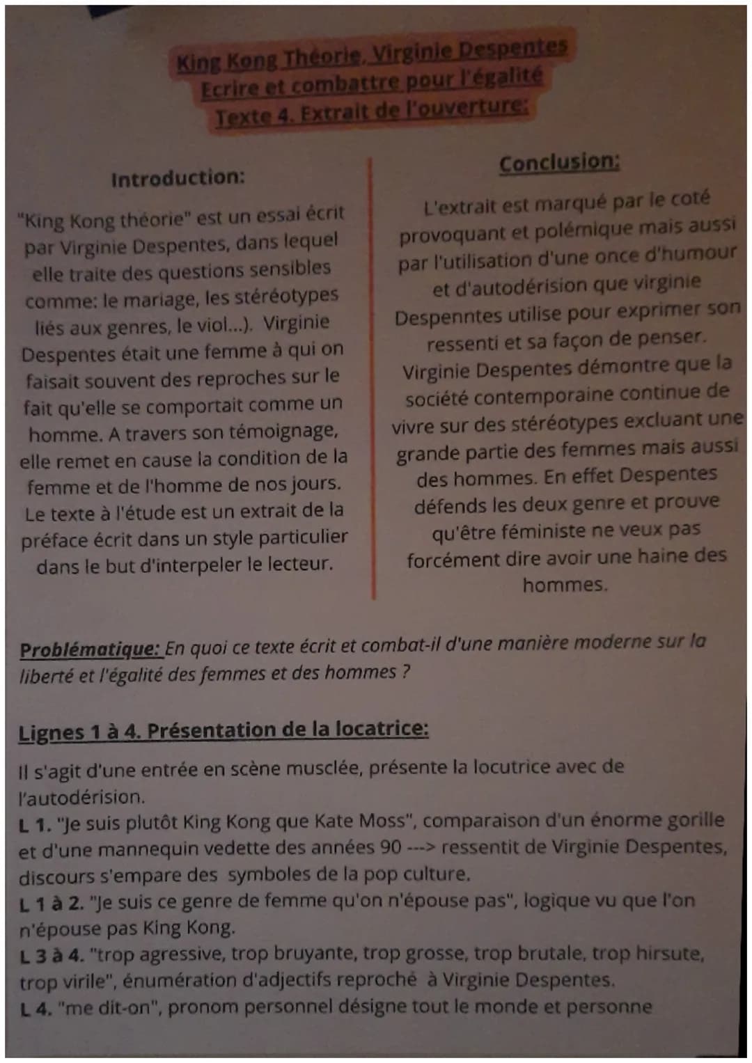 King Kong Theorie, Virginie Despentes
Ecrire et combattre pour l'égalité
Texte 4. Extrait de l'ouverture:
Introduction:
"King Kong théorie" 
