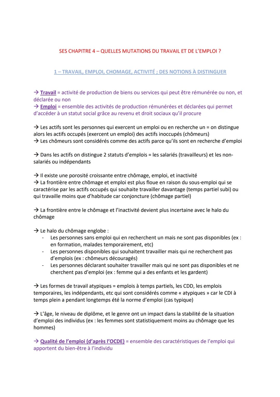 SES CHAPITRE 4-QUELLES MUTATIONS DU TRAVAIL ET DE L'EMPLOI ?
1- TRAVAIL, EMPLOI, CHOMAGE, ACTIVITÉ ; DES NOTIONS À DISTINGUER
→ Travail = ac