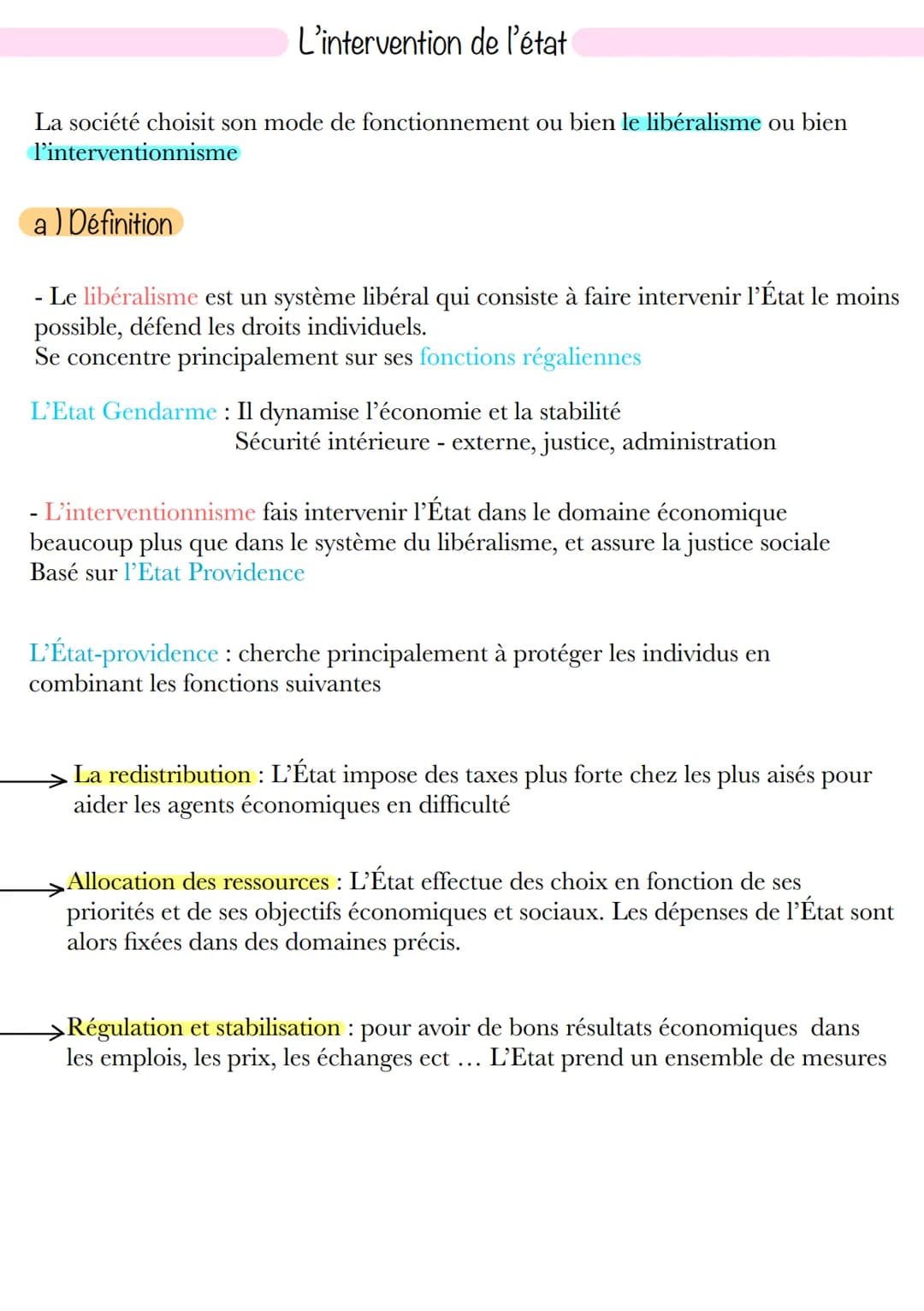 L'intervention de l'état
La société choisit son mode de fonctionnement ou bien le libéralisme ou bien
l'interventionnisme
a) Définition
· Le