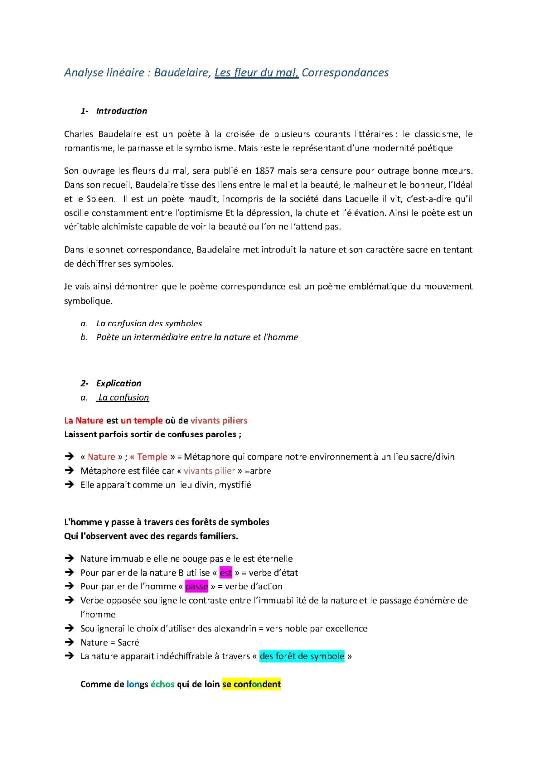 Analyse linéaire, Correspondance, Baudelaire