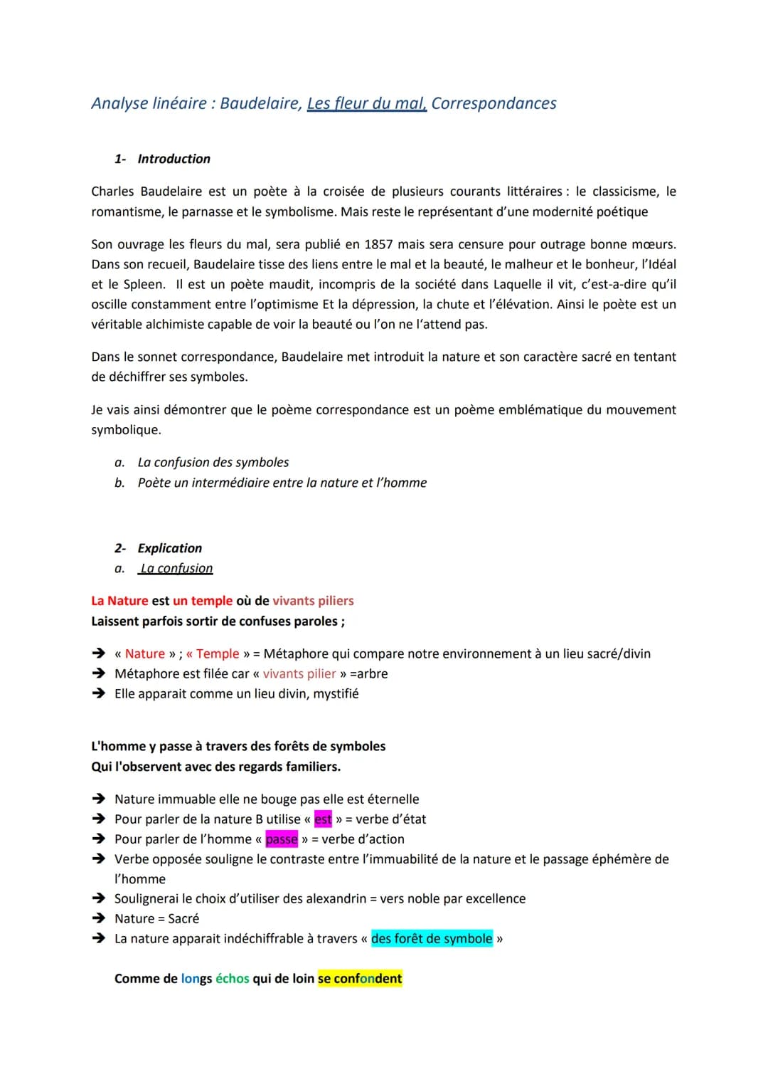 Analyse linéaire: Baudelaire, Les fleur du mal, Correspondances
1- Introduction
Charles Baudelaire est un poète à la croisée de plusieurs co