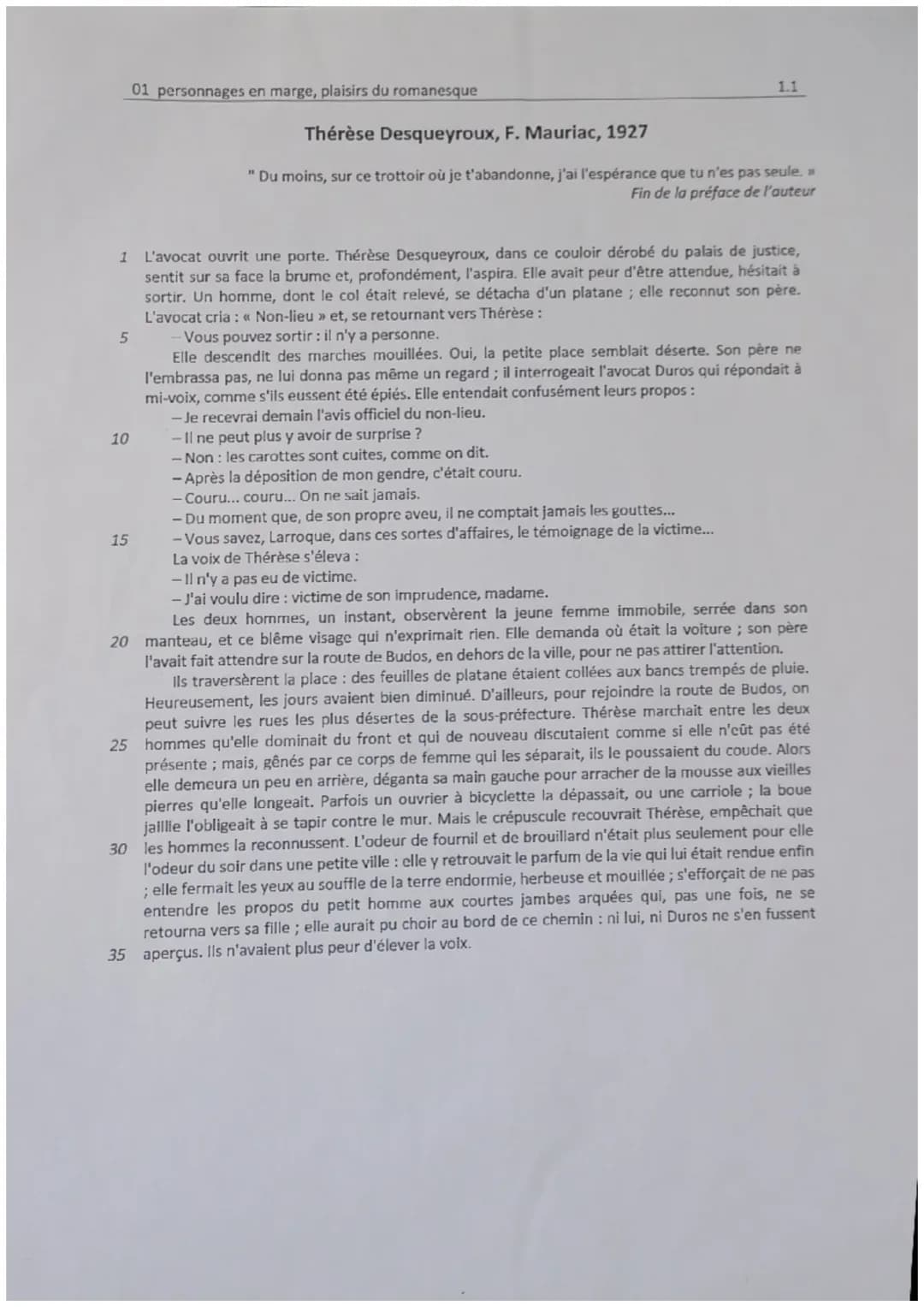 5
10
01 personnages en marge, plaisirs du romanesque
1 L'avocat ouvrit une porte. Thérèse Desqueyroux, dans ce couloir dérobé du palais de j