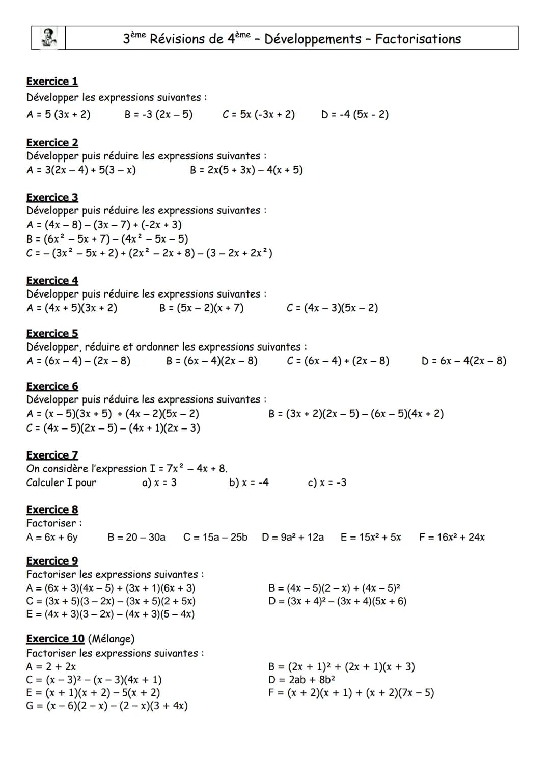 3°
Chapitre 9: Calcul littéral
I) Expression littérale : rappels
Une expression littérale est une expression dans laquelle certains nombres 