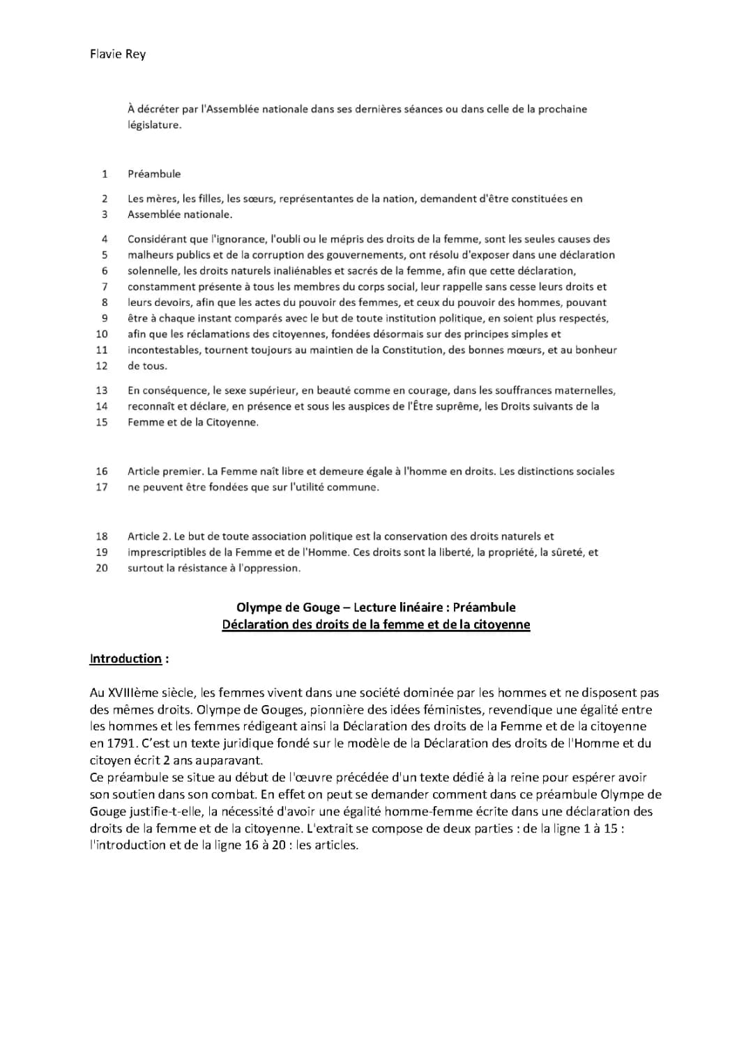 Préambule Olympe de Gouges Analyse Linéaire PDF - Déclaration des Droits de la Femme et de la Citoyenne
