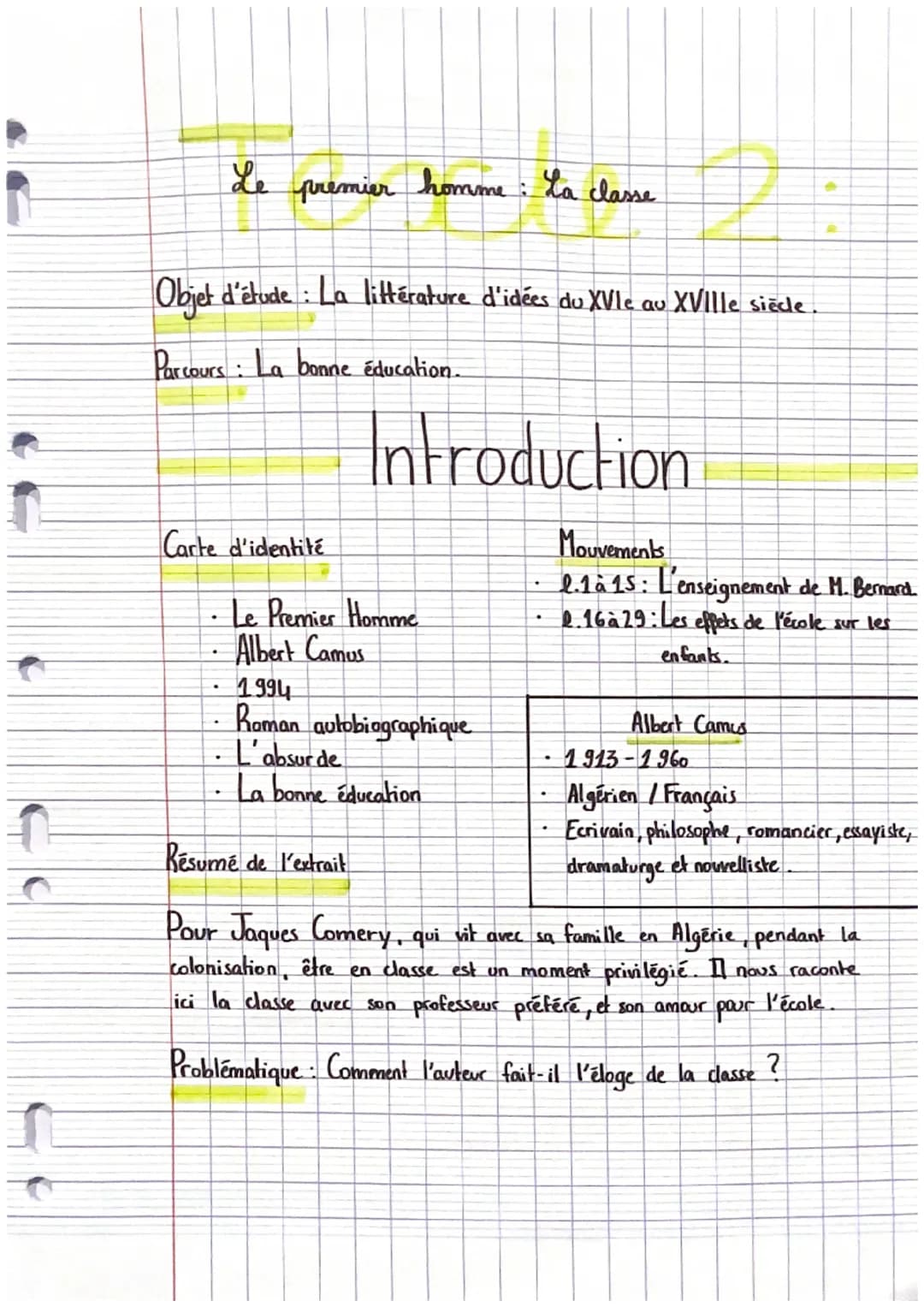 f
Le premier homme : La classe
Objet d'étude: La littérature d'idées du XVIe au XVIIIe siècle.
Parcours : La bonne éducation.
Carte d'identi