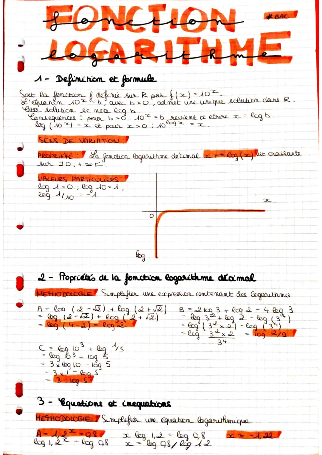 FONCTION
LOGARITHME
1- Definition et formule
Sort la fonction of definie sur R par f(x) = 10x.
L'equanon 10x8 = b
lette solution se note log