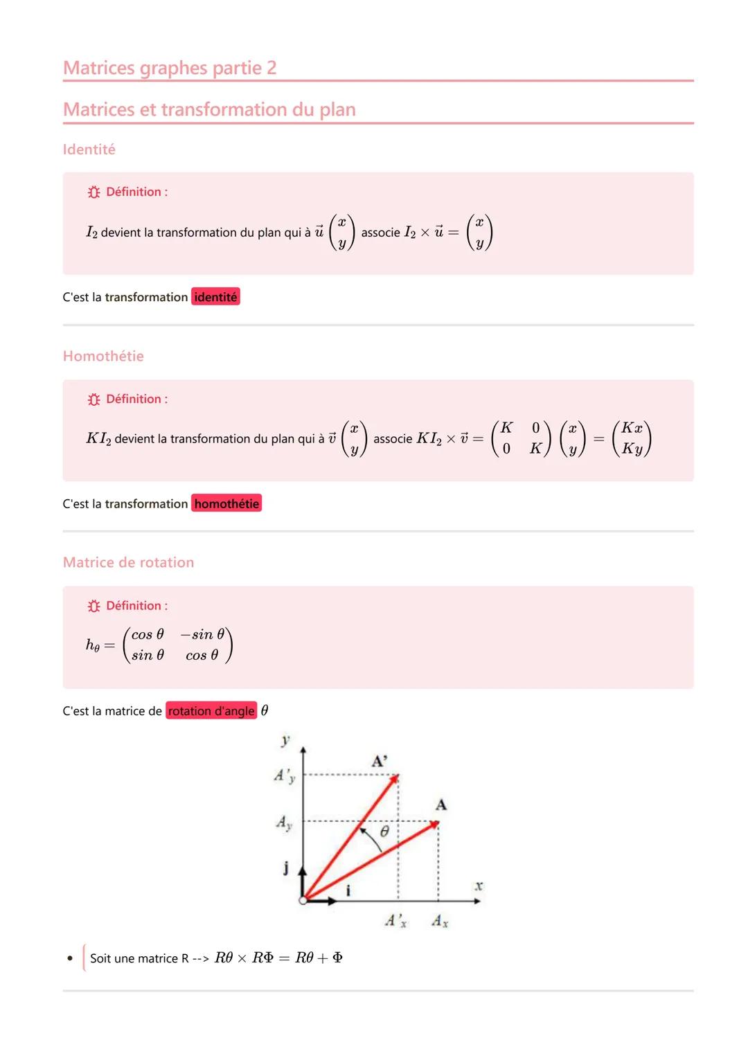 Matrices graphes partie 2
Matrices et transformation du plan
Identité
Définition:
I2 devient la transformation du plan qui à u
C'est la tran