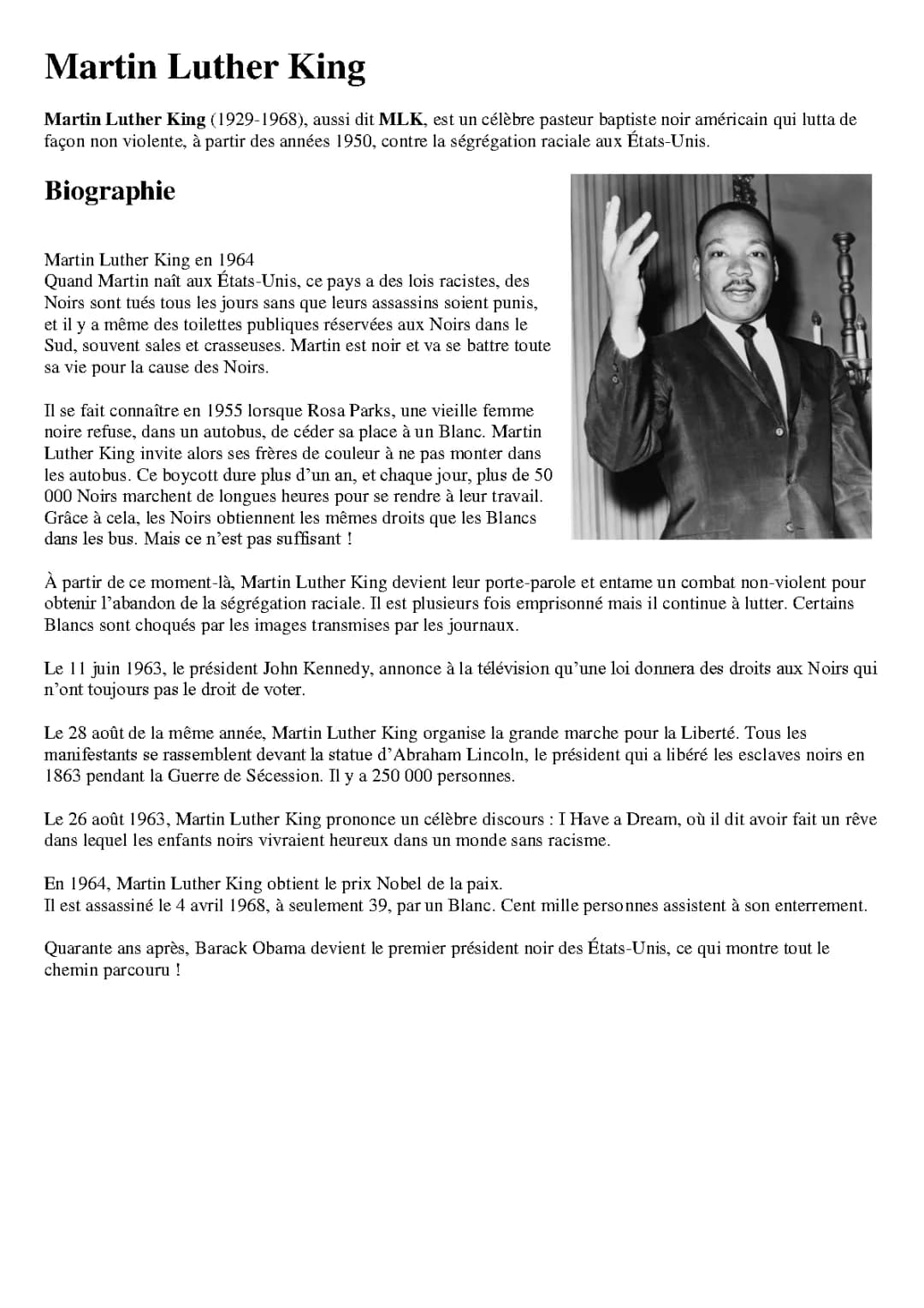 Exposé CM2: Qui était Martin Luther King et pourquoi il a marqué l'Histoire