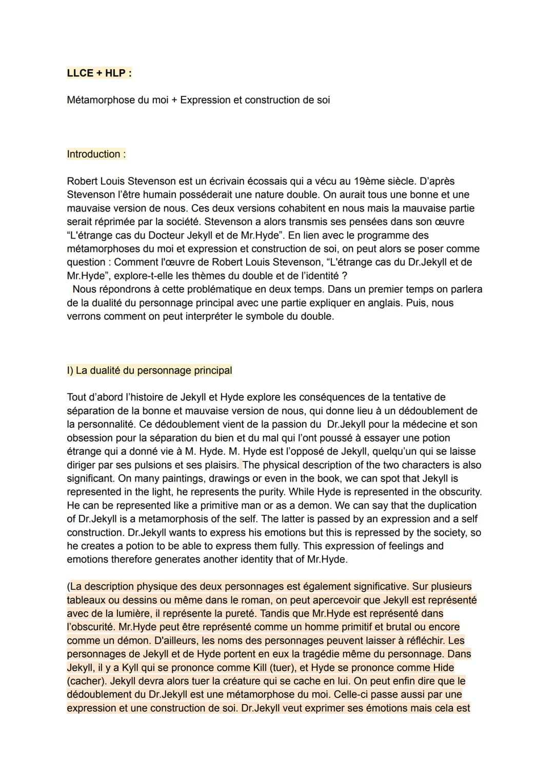 LLCE+ HLP:
Métamorphose du moi + Expression et construction de soi
Introduction :
Robert Louis Stevenson est un écrivain écossais qui a vécu