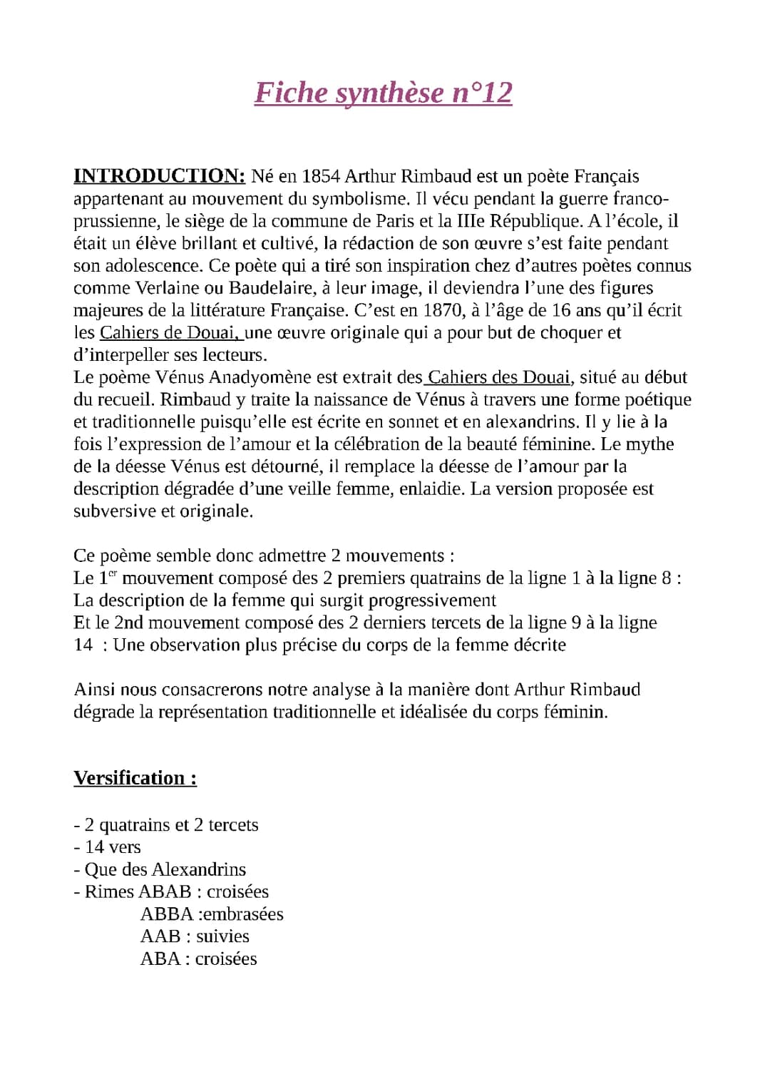 Vénus Anadyomène de Rimbaud: Analyse Linéaire Bac Français et PDF Gratuit