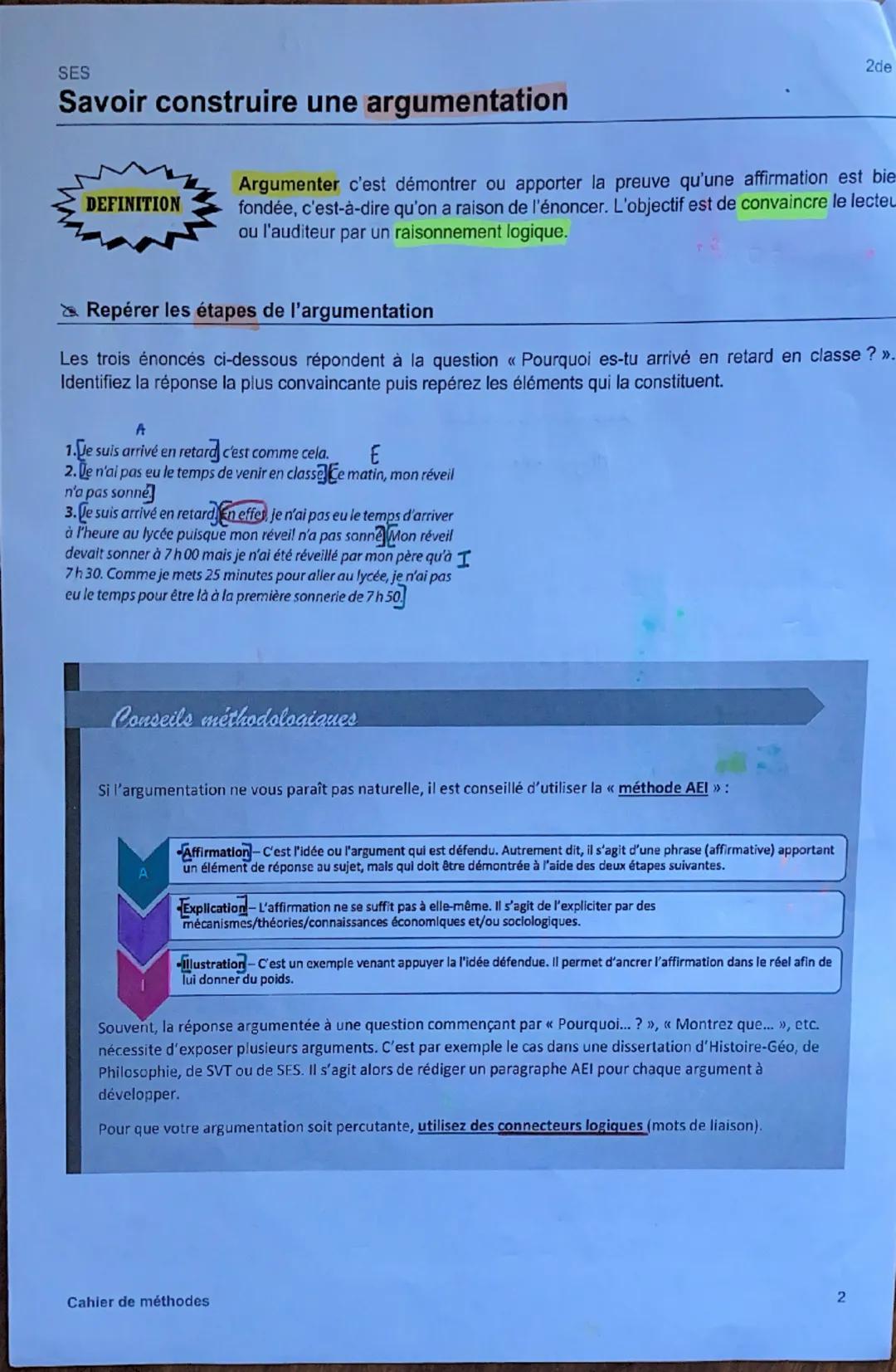 2de
SES
Savoir construire une argumentation
DEFINITION
Argumenter c'est démontrer ou apporter la preuve qu'une affirmation est bie
fondée, c