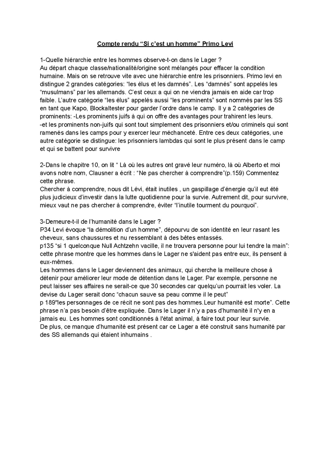 Résumé et analyse de 'Si c'est un homme' pour la 3ème