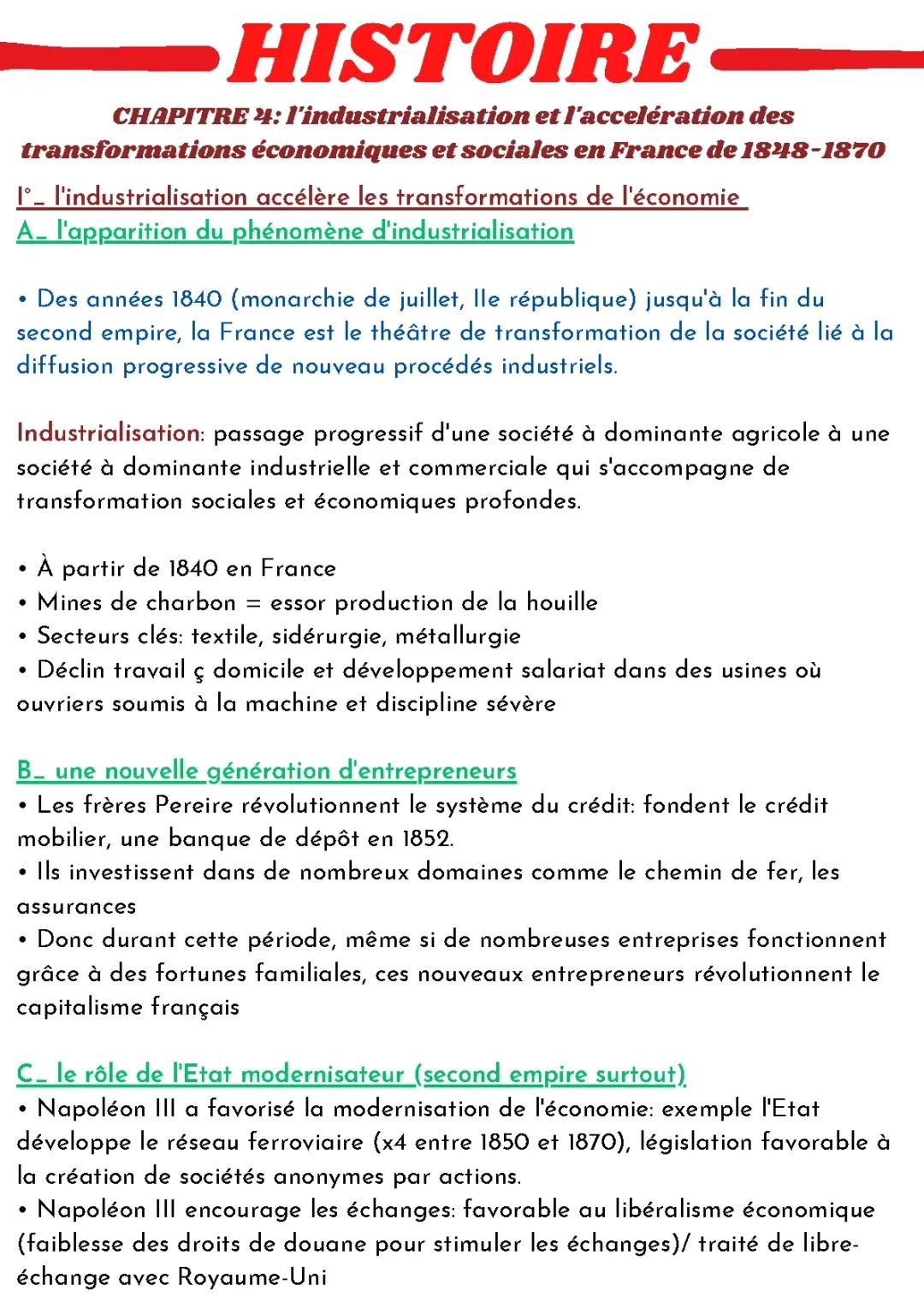 Industrialisation en France: 1848 à 1870 et ses Transformations Sociales et Économiques