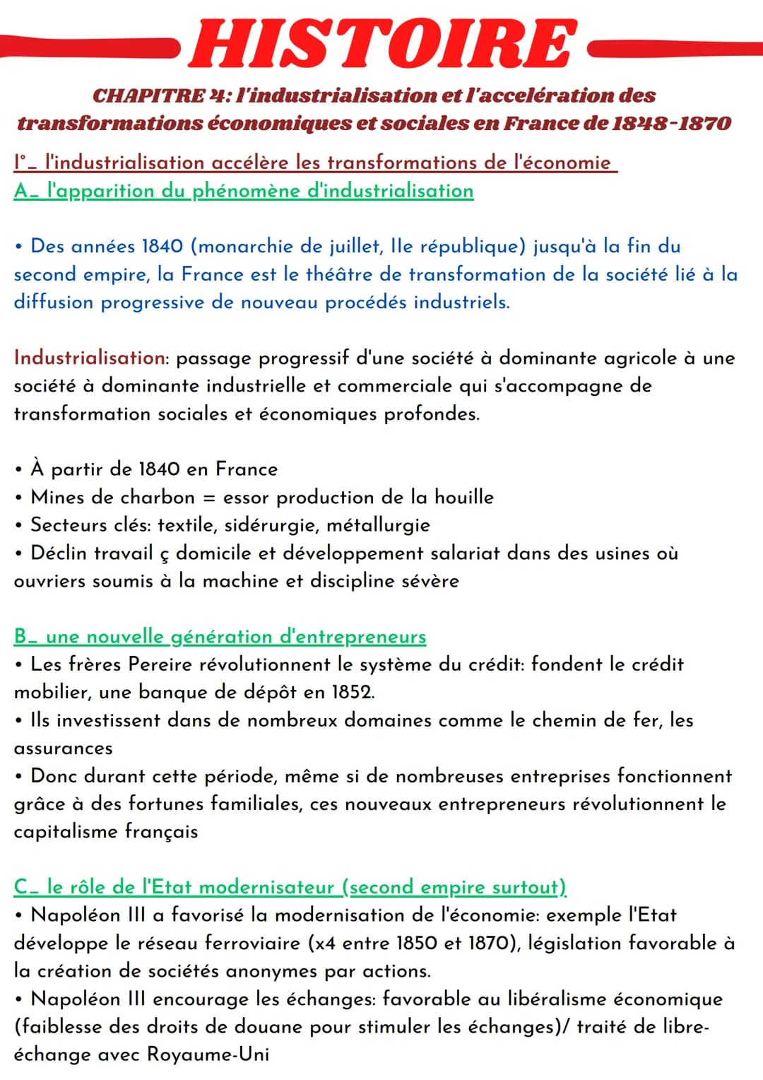 HISTOIRE-
CHAPITRE
4:l'industrialisation et l'accelération des
transformations économiques et sociales en France de 1848-1870
Iº l'industria