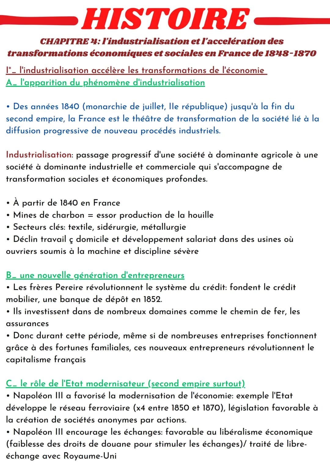 HISTOIRE-
CHAPITRE
4:l'industrialisation et l'accelération des
transformations économiques et sociales en France de 1848-1870
Iº l'industria