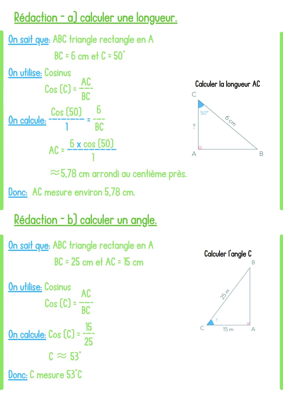 Formules de trigonométrie
opposé
Sinus (angle) = Thypoténuse
AC
BC
Sin [B] =
Maths
Trigonométrie
adjacent
Cosinus (angle) = hypoténuse
Cos [