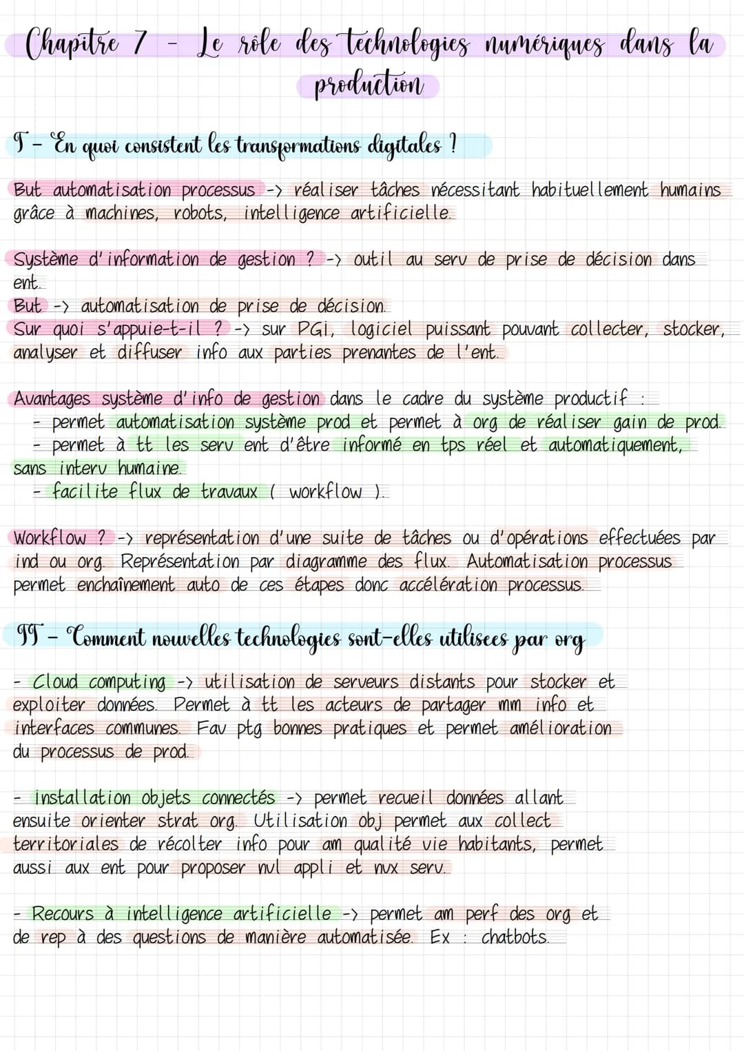 Chapitre 7 Le rôle des technologies numériques dans la
production
T- En quoi consistent les transformations digitales !
But automatisation p