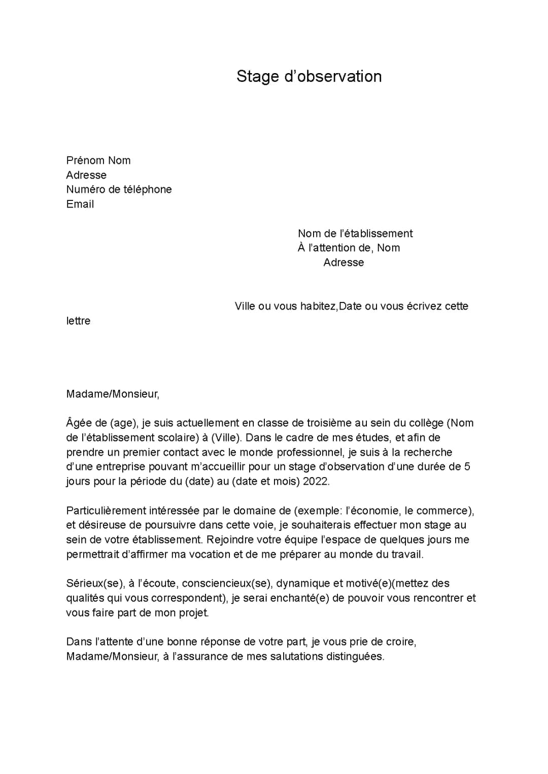 Exemples de Lettres de Motivation Stage 3ème PDF et Word