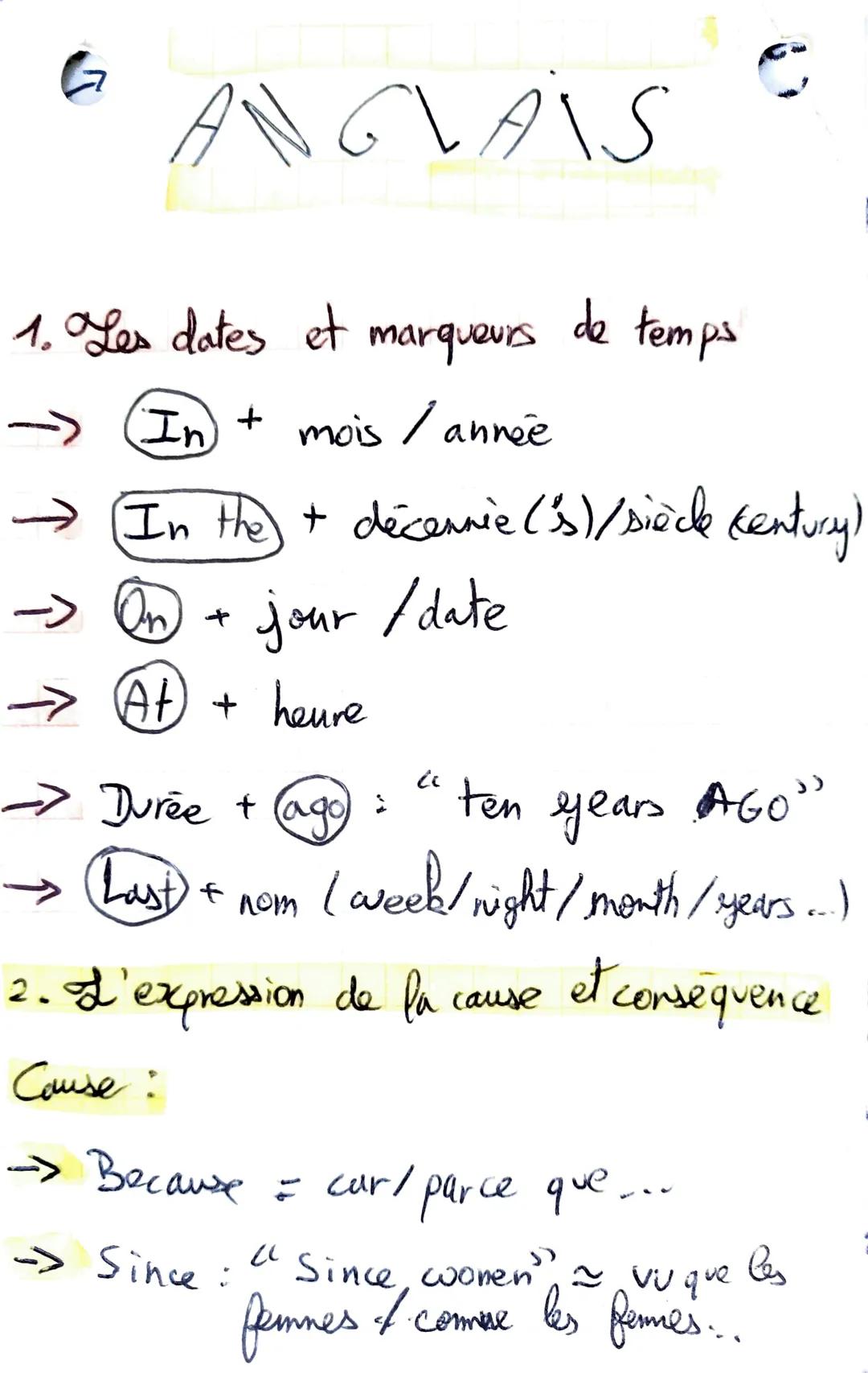 ANGLAIS
个个
1. Les dates et marqueurs
(In) + mois / année
(In the + décennie ('s)/ siècle (entury)
On + jour /date
(At) + heure
de temps
"
Du