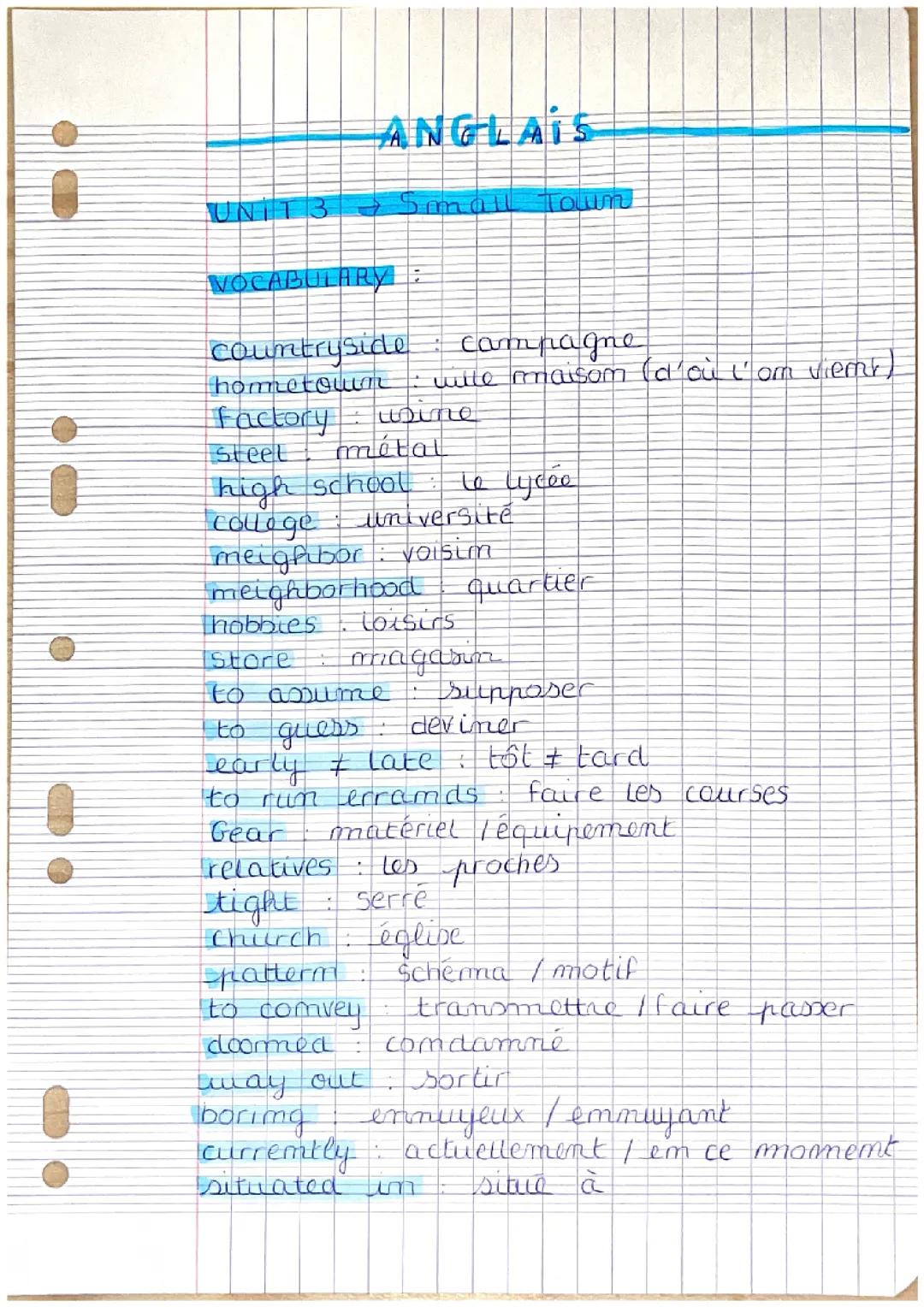 Anglais Terminale Unit 3 : Small Town 