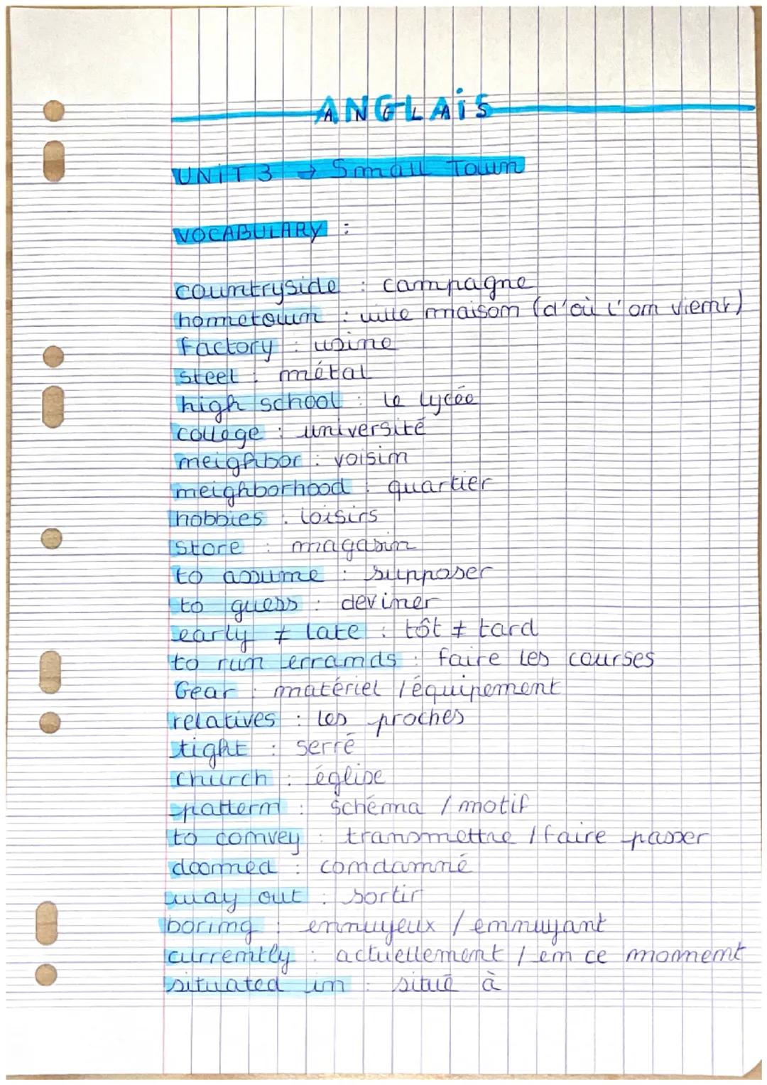 ANGLAIS
UNIT3 & Small
Town
VOCABULARY:
Countryside
Campagne
hometown : wille maison (d'où l'om viem!)
Factory usine
Steel
métal
high school
