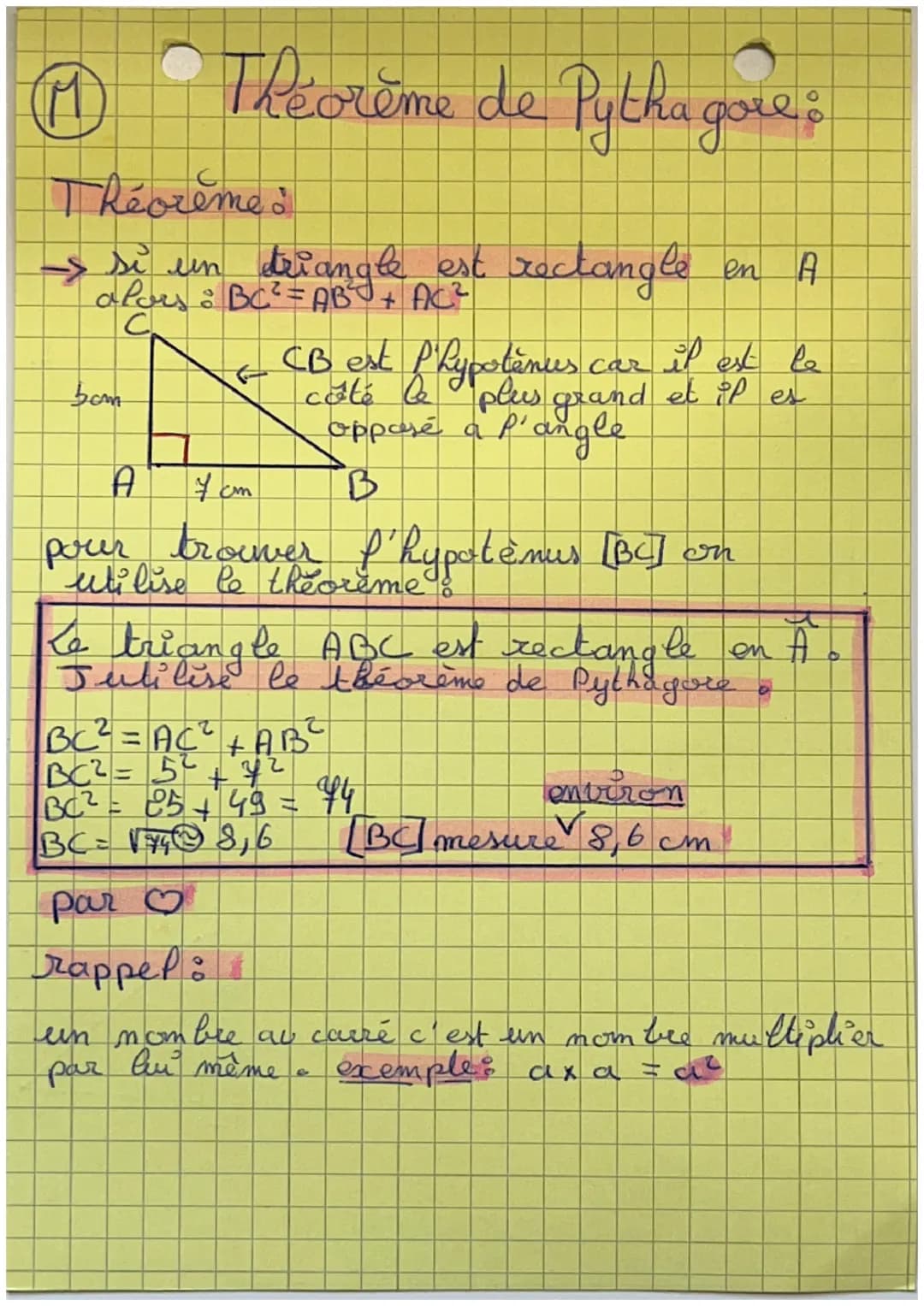 Théorème de Pytha gove:
Théorème :
-> si un triangle est rectangle
alors : BC² = AB² + AC?
bom
A
7cm
en A
CB est Phypotenus car il est le
cô