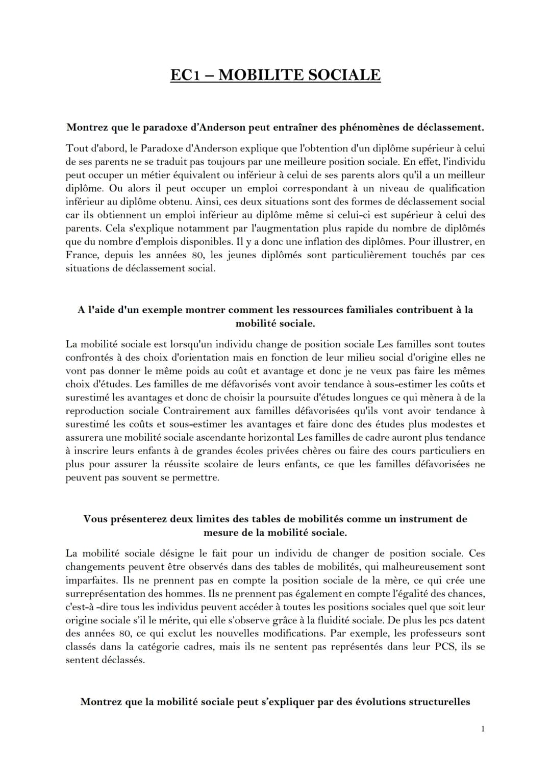 EC1 MOBILITE SOCIALE
Montrez que le paradoxe d'Anderson peut entraîner des phénomènes de déclassement.
Tout d'abord, le Paradoxe d'Anderson 