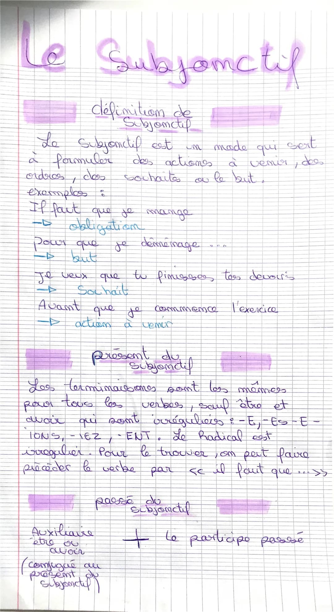 @ Subjonctif
définition de
Subjonctif
Le Subjonctif est un
à formuler
ordres, clas
exemples:
If faut que je mange
-D obligation
t
pour que j