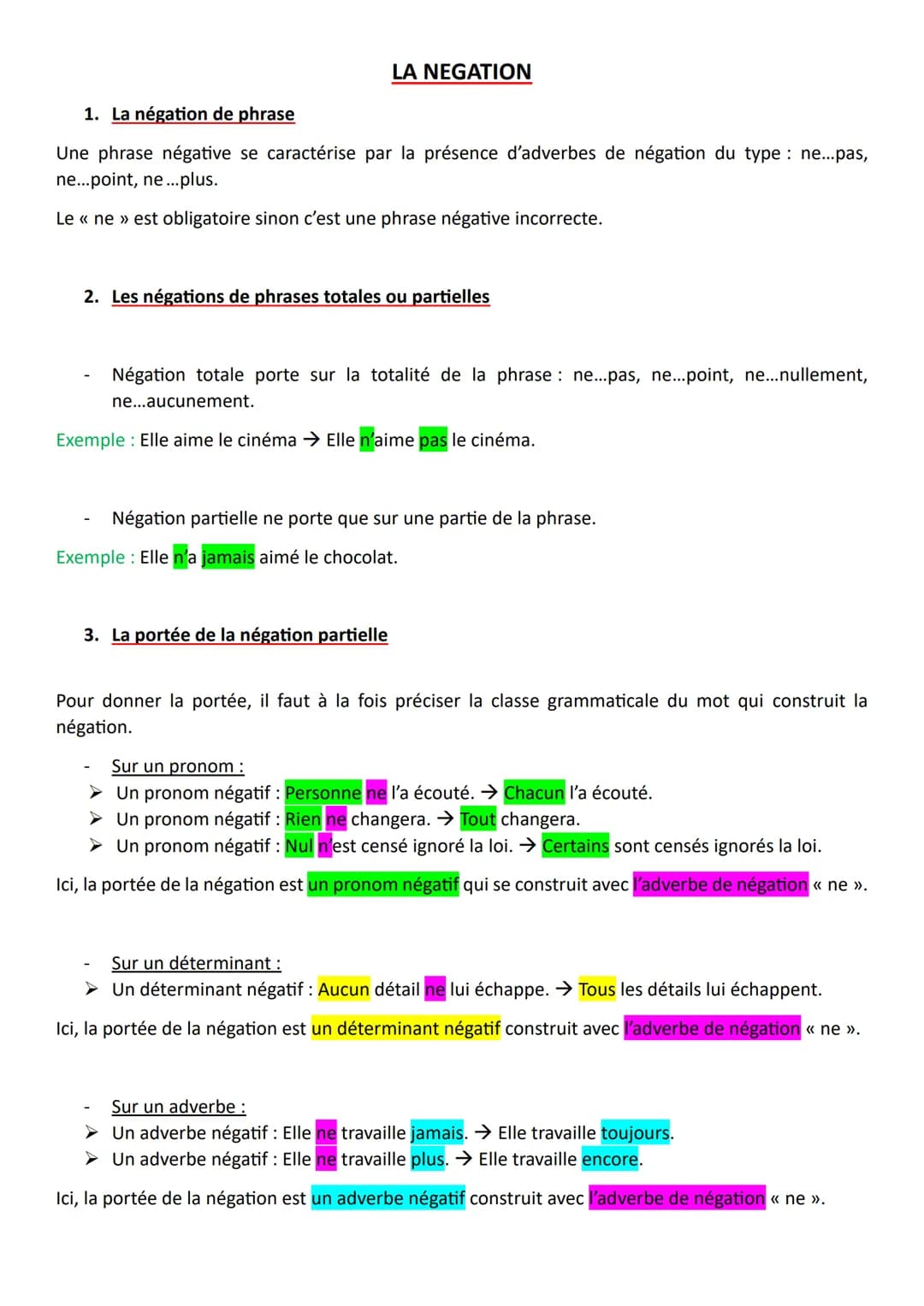 LA NEGATION
1. La négation de phrase
Une phrase négative se caractérise par la présence d'adverbes de négation du type ne...pas,
ne...point,