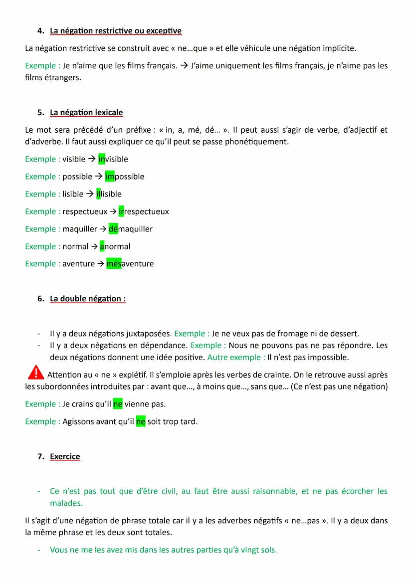 LA NEGATION
1. La négation de phrase
Une phrase négative se caractérise par la présence d'adverbes de négation du type ne...pas,
ne...point,