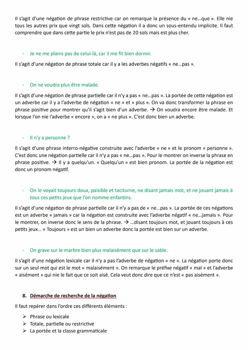 LA NEGATION
1. La négation de phrase
Une phrase négative se caractérise par la présence d'adverbes de négation du type ne...pas,
ne...point,