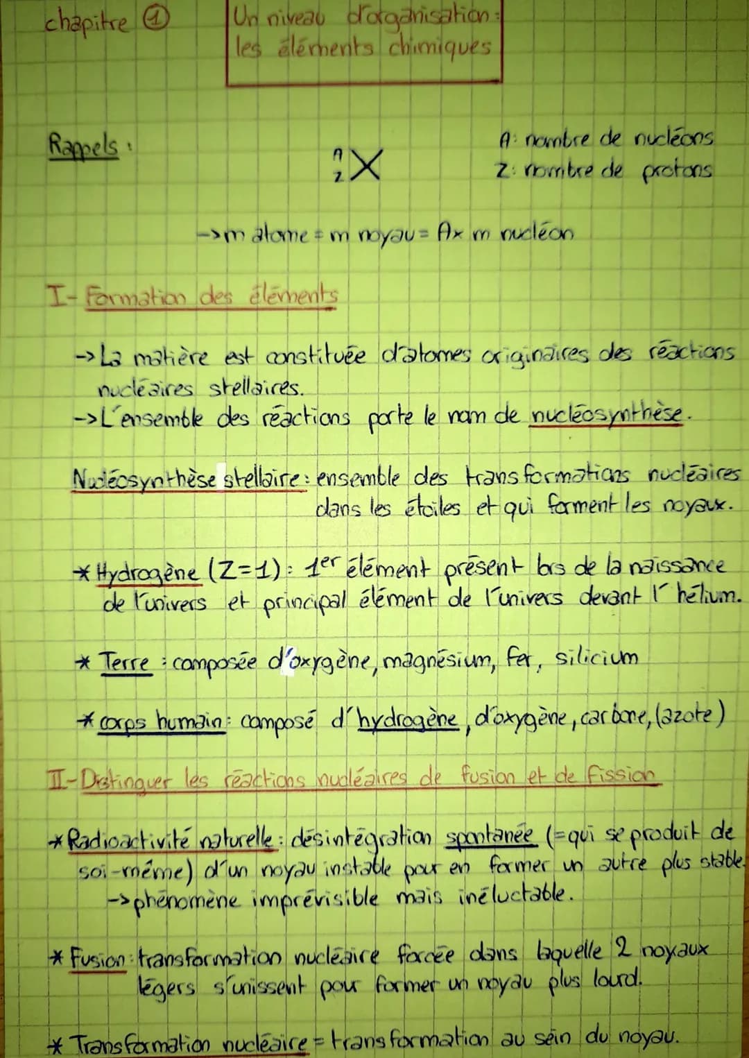 chapitre
Rappels
Un niveau d'organisation:
les éléments chimiques
X
A: nombre de nucléons
Z: nombre de protons
-> matome = m noyau = Ax m nu