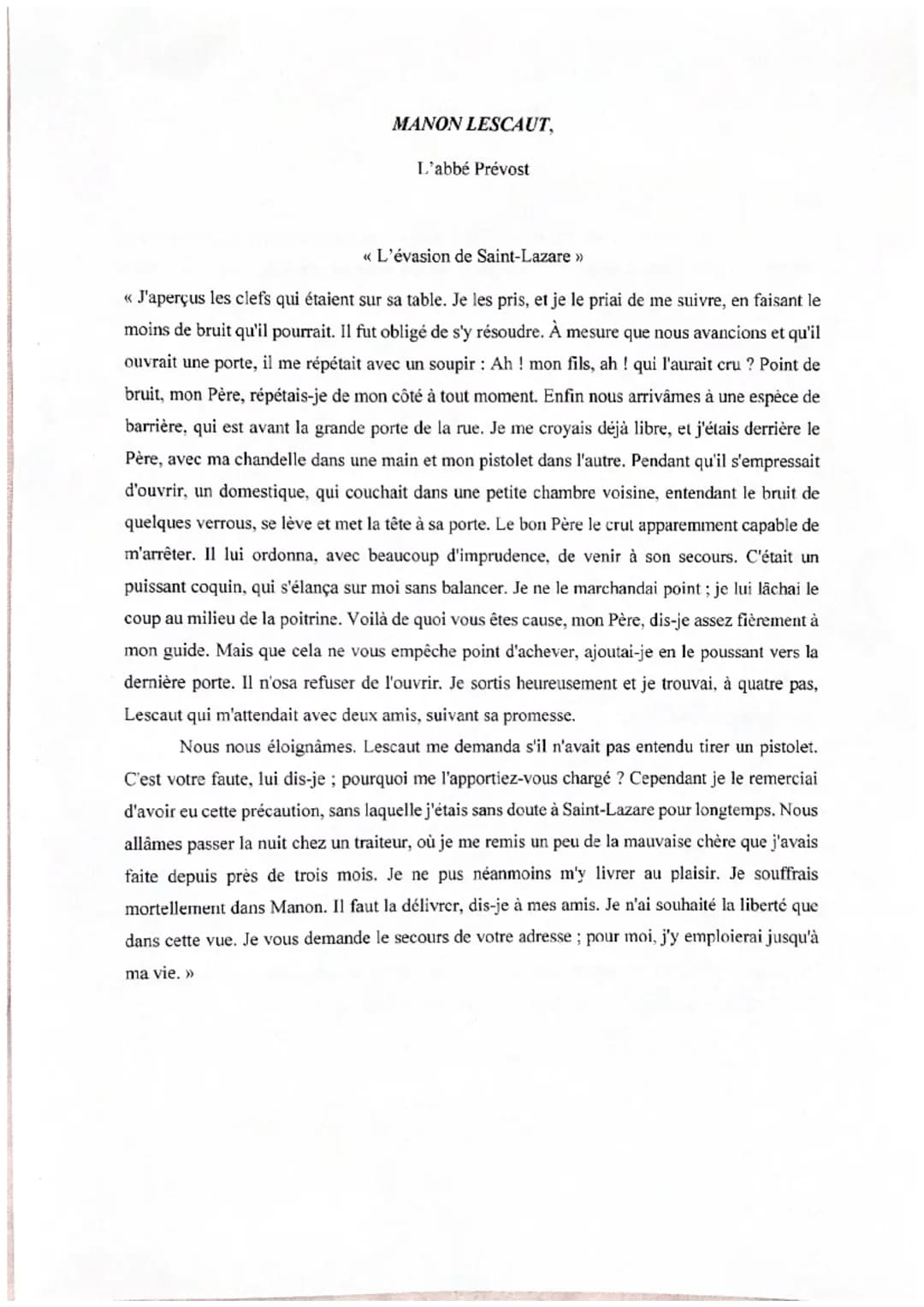 Manon Lescaut : Analyse linéaire de l'évasion de Saint Lazare & l'hôpital
