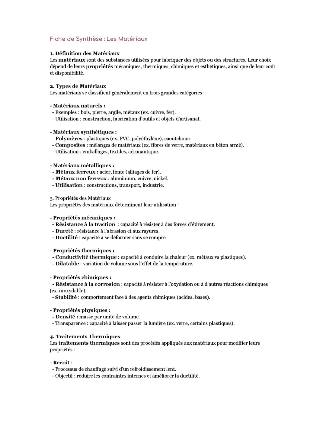 Fiche de Synthèse : Les Matériaux