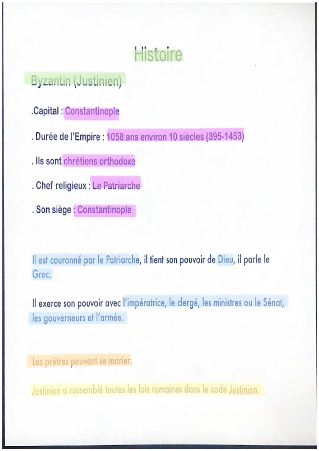 Histoire
Byzantin (Justinien)
.Capital: Constantinople
. Durée de l'Empire: 1058 ans environ 10 siècles (395-1453)
. Ils sont chrétiens orth
