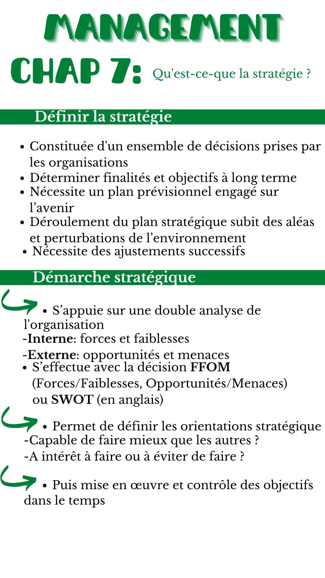 MANAGEMENT
CHAP 7: Qu'est-ce-que la stratégie ?
Définir la stratégie
• Constituée d'un ensemble de décisions prises par
les organisations
• 
