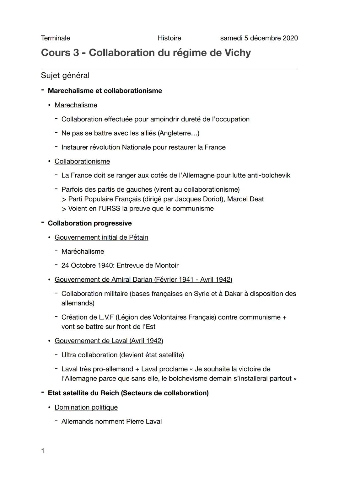 Terminale
Histoire samedi 5 décembre 2020
Cours 3 - Collaboration du régime de Vichy

Sujet général

- Marechalisme et collaborationisme

  